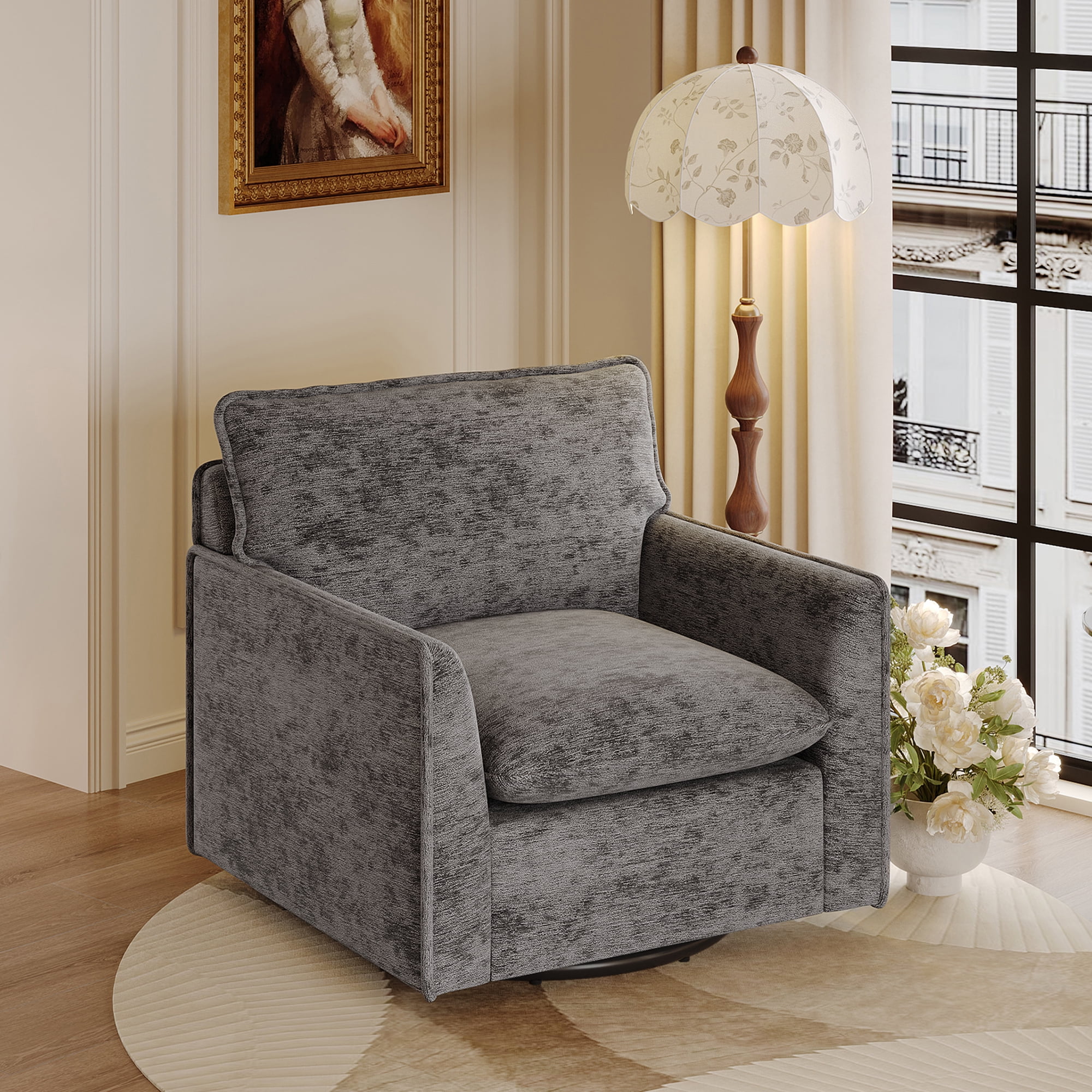 HOQBN 360°Swivel Accent Chair, Comfy Single Square Sofa Armchairs,Upholstered Club Chairs for Living Room,Bedroom, Reading Room, Grey