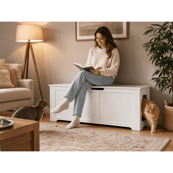HOQBN 39.4" Cat Litter Box Enclosure,Hidden Litter Box Furniture Freestanding Pet Washroom Cabinet, Decorative Indoor Pet Side Table Fits Most Standard,White
