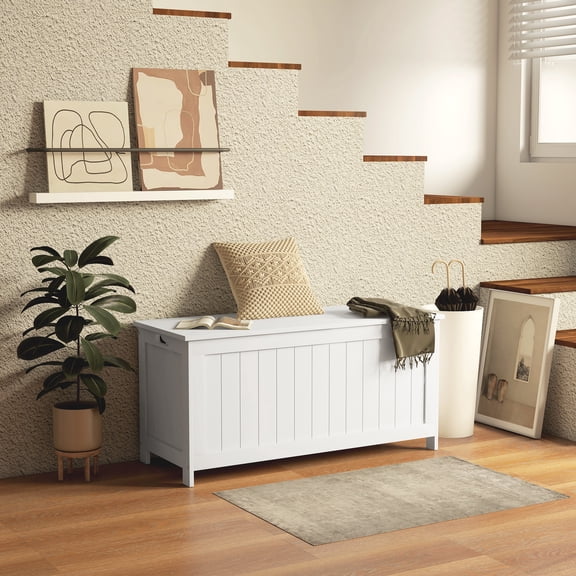 HOQBN 39.4" Wooden Storage Trunk with 2 Safety Hinges, Storage Bench Equipped with Side Handles, Multipurpose Storage Chest for Entryway, Bedroom and Playroom, White