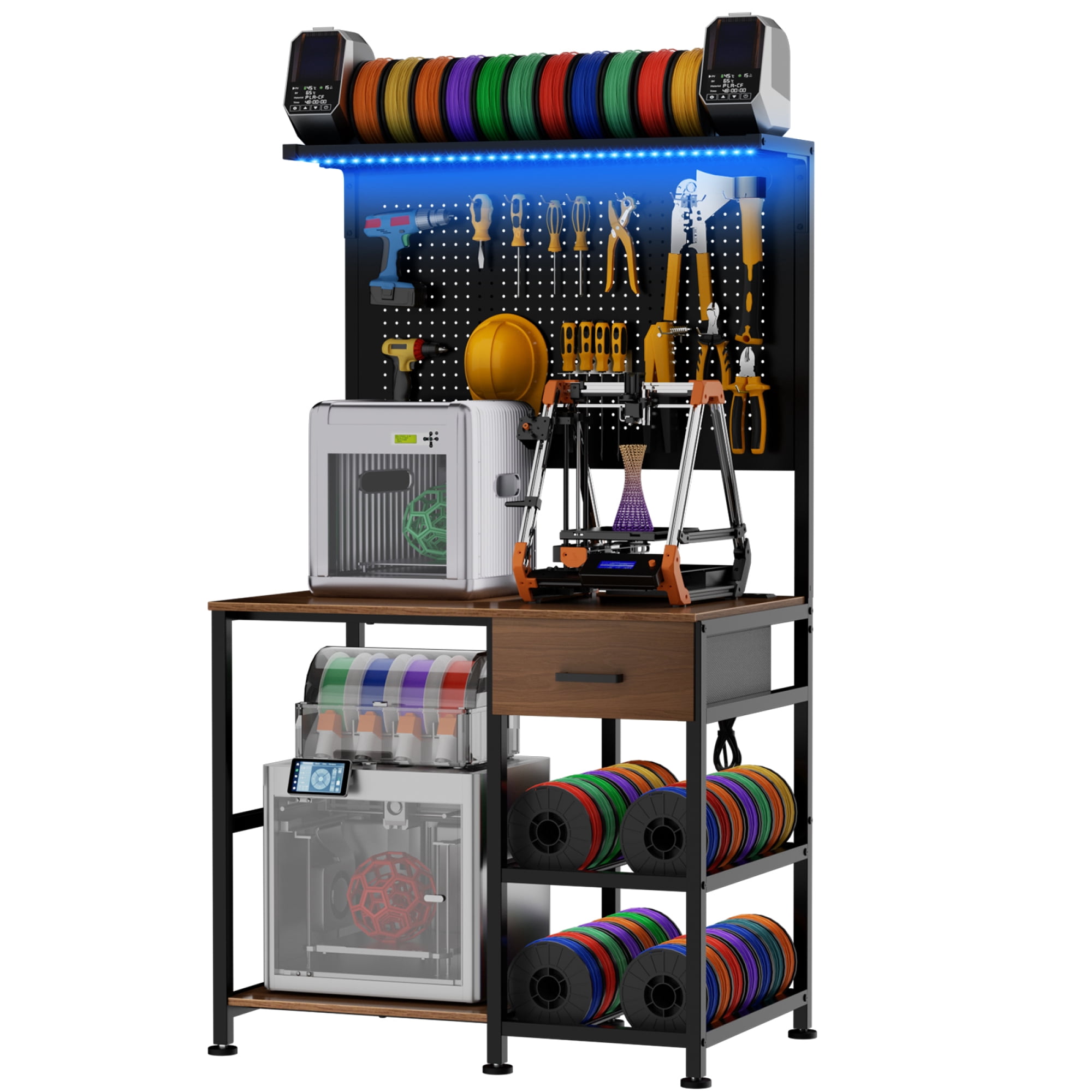 HOQBN 3D Printer Workbench with Drawer, Charging Station and LED Lights, Large Printer Shelf with Pegboard and Hooks for Home Studio Garage