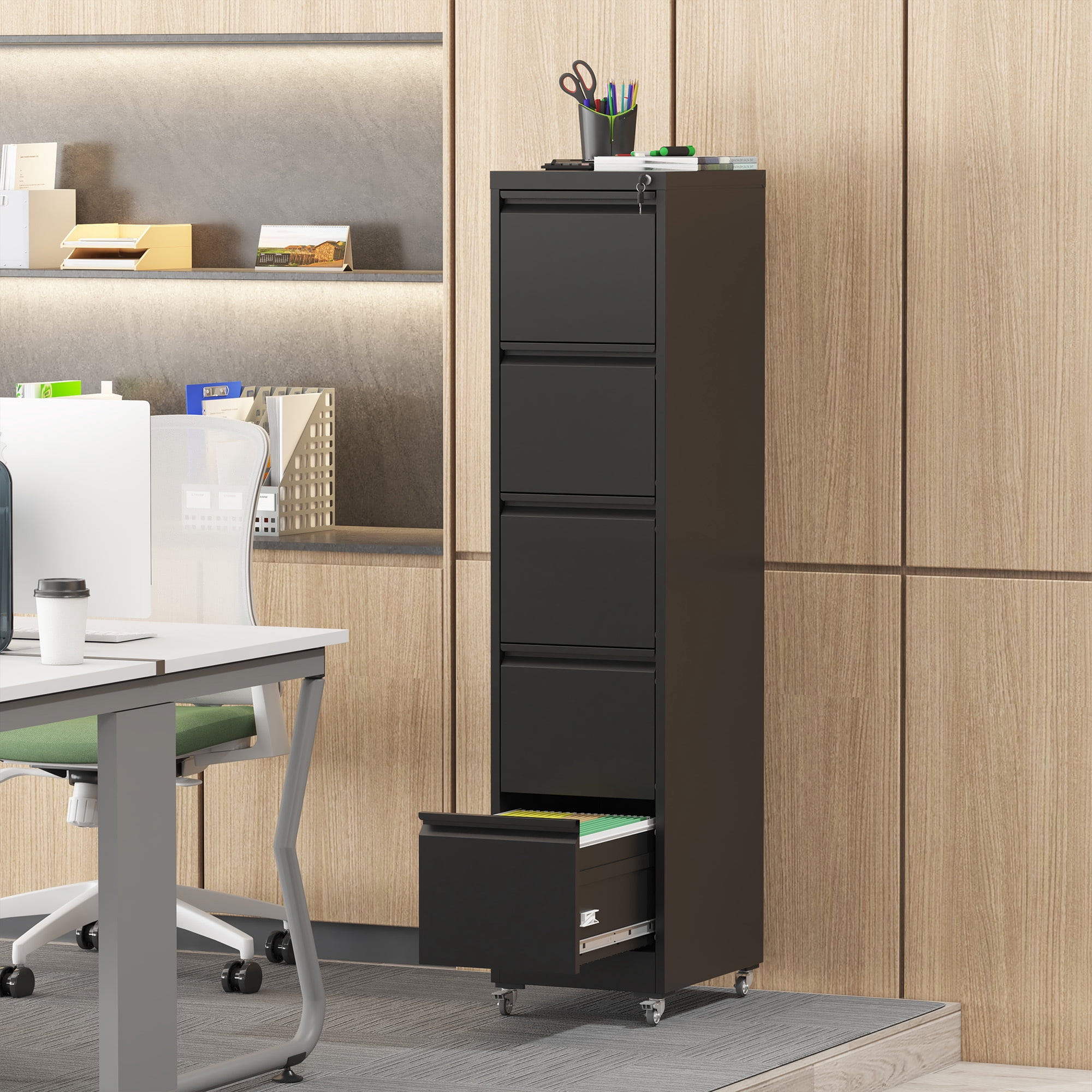 HOQBN 5 Drawer Vertical Metal File Cabinet with Lock on Wheels for Home ...