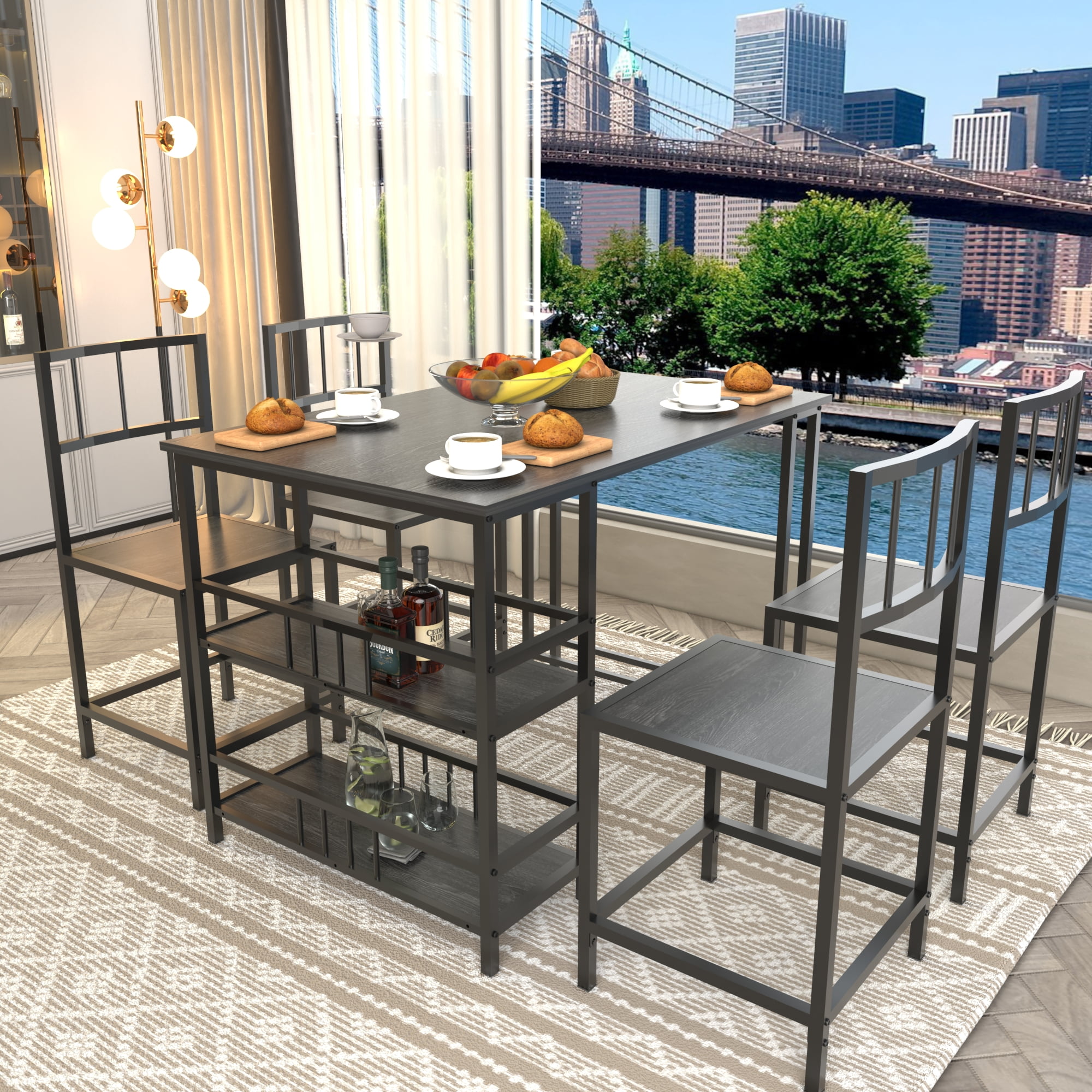 HOQBN 5 Piece Dining Table Set with 4 Chairs and 2-Tier Side Storage Shelves,Industrial Kitchen Table Wood Grain Metal Frame Dinner Furniture for Small Apartment Dining Room,Charcoal grey