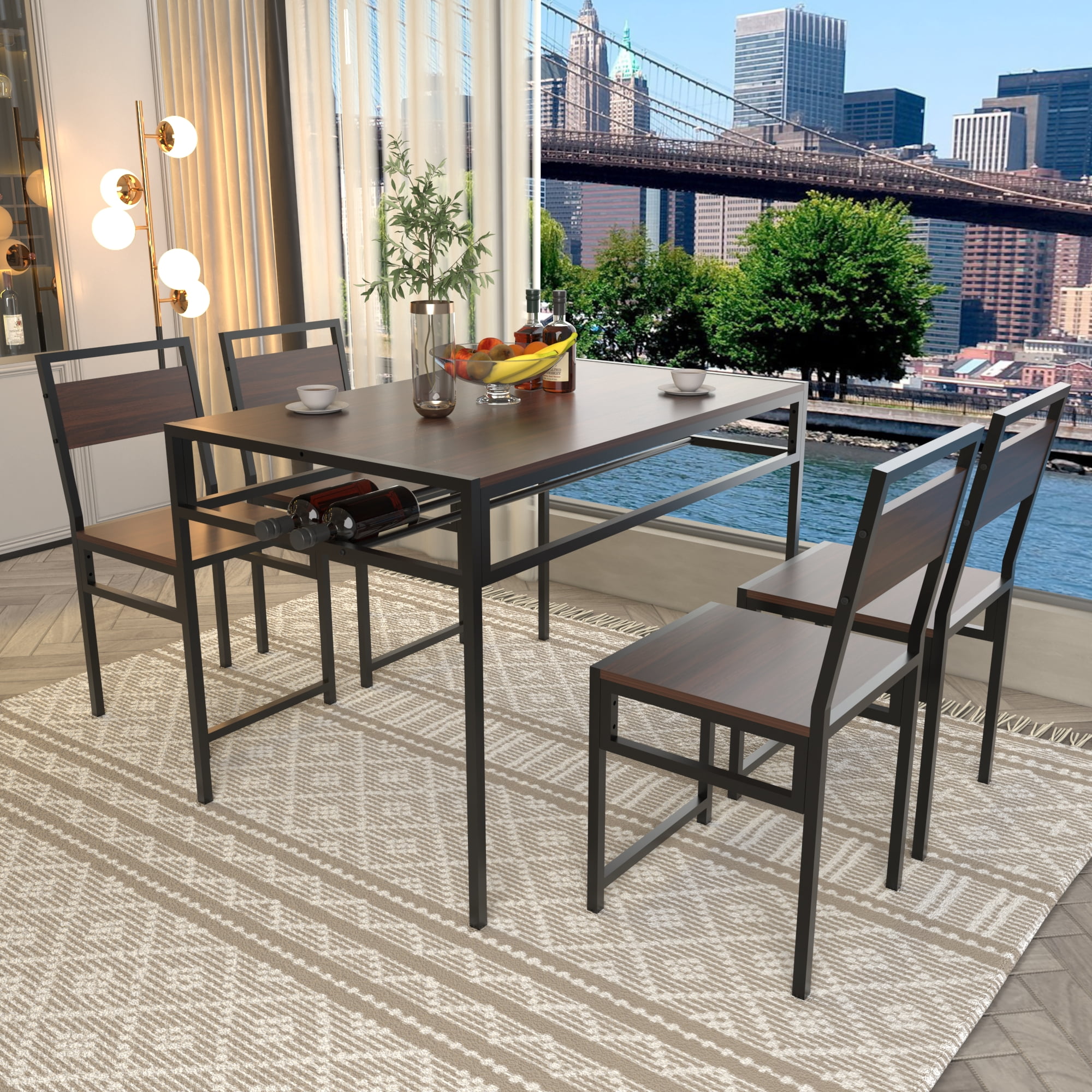 HOQBN 5 Piece Dining Table Set,Industrial Wood Rectangular Kitchen Table with 4 Chairs and Built-in Wine Storage Rack,Space Saving Metal Frame Dinner Furniture for Apartment Kitchen Dining Room