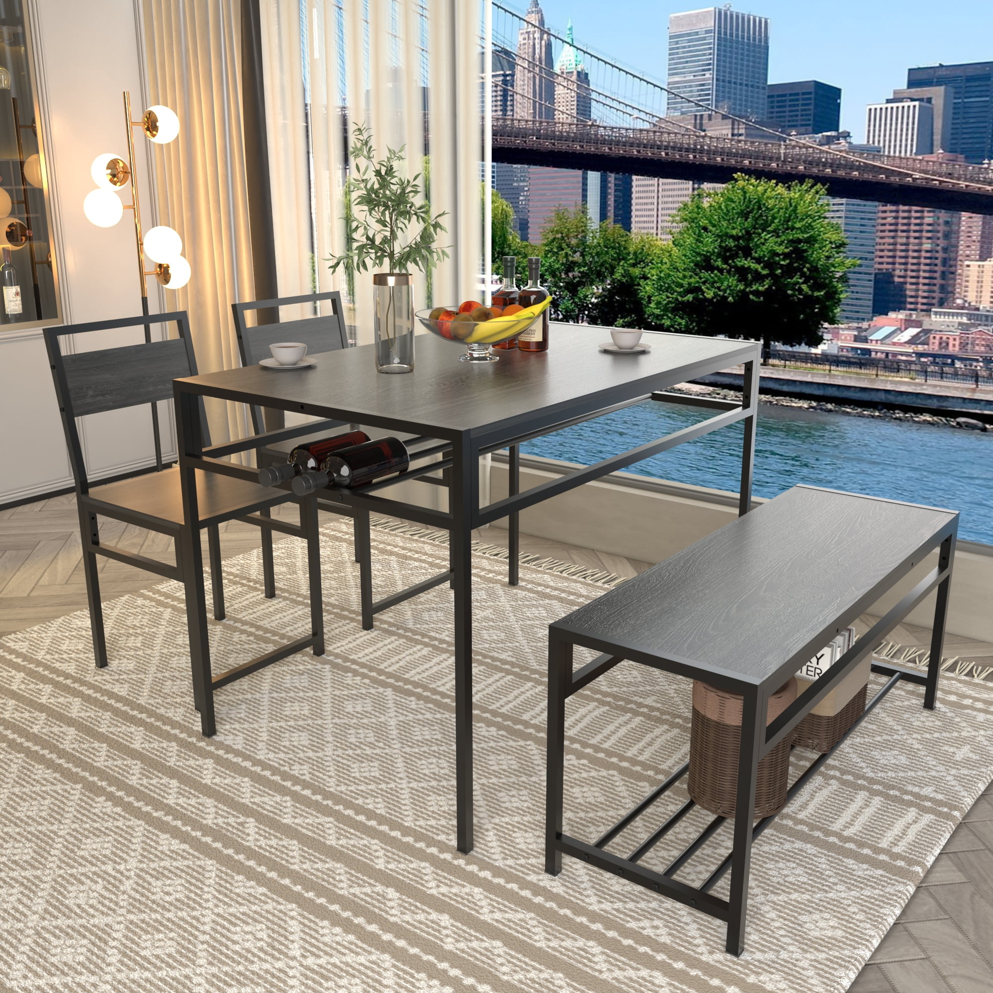 HOQBN 5 Piece Industrial Dining Table Set with 2 Dining Chairs & 1 Storage Bench,Wood Grain Rectangular Kitchen Table with Built-in Wine Rack, Metal Frame Space Saving Dinner Furniture