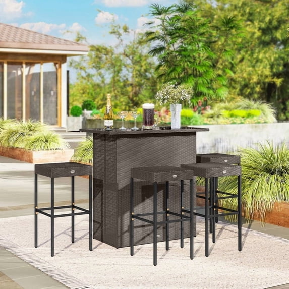 Tall Ratton Tables HOQBN 5-Piece Rattan Wicker Bar Set, High-Top Outdoor Table and Chairs ...