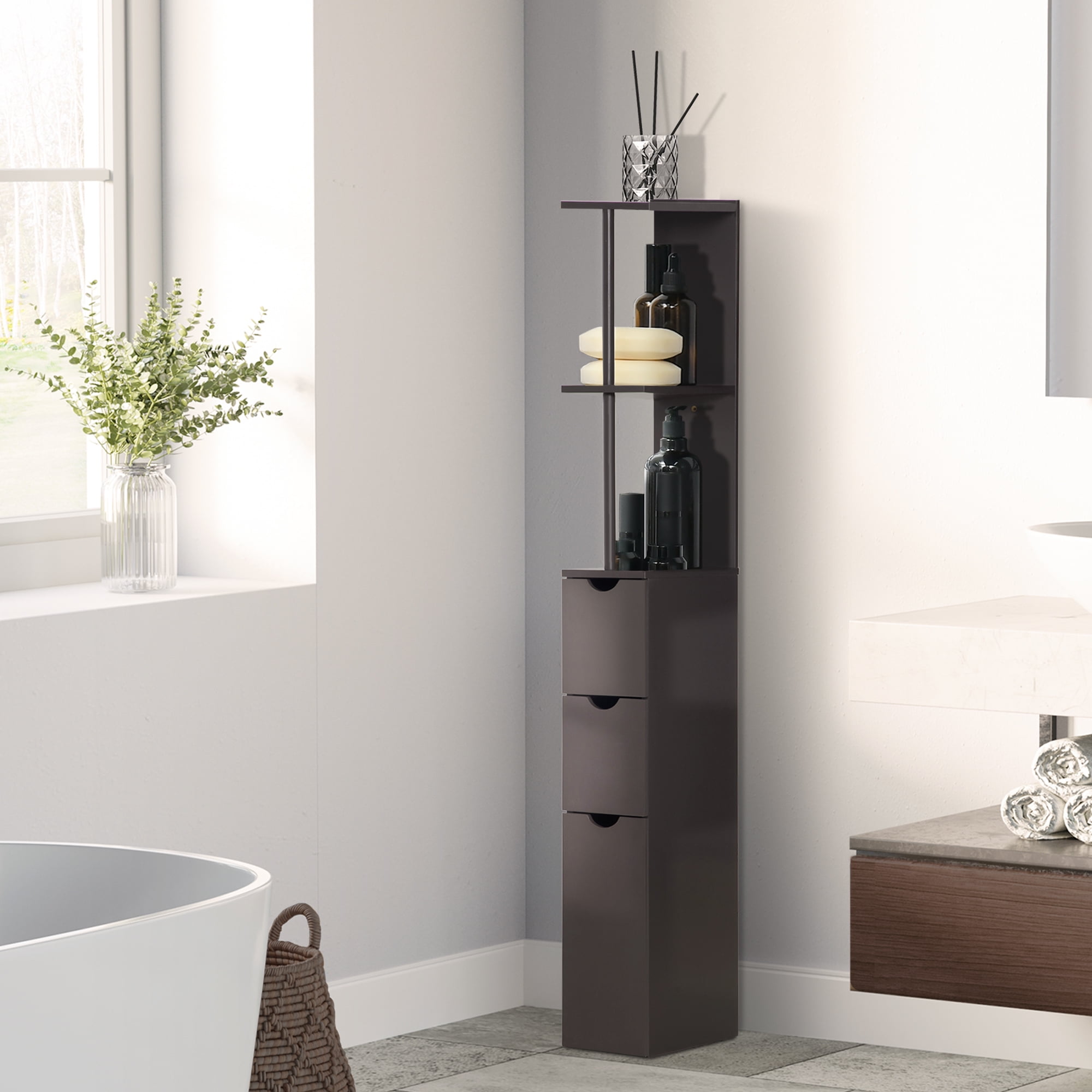 HOQBN 54" Tall Bathroom Storage Cabinet, Freestanding Tower with 2-Tier Shelf and Drawers, Narrow Side Floor Organizer, Brown