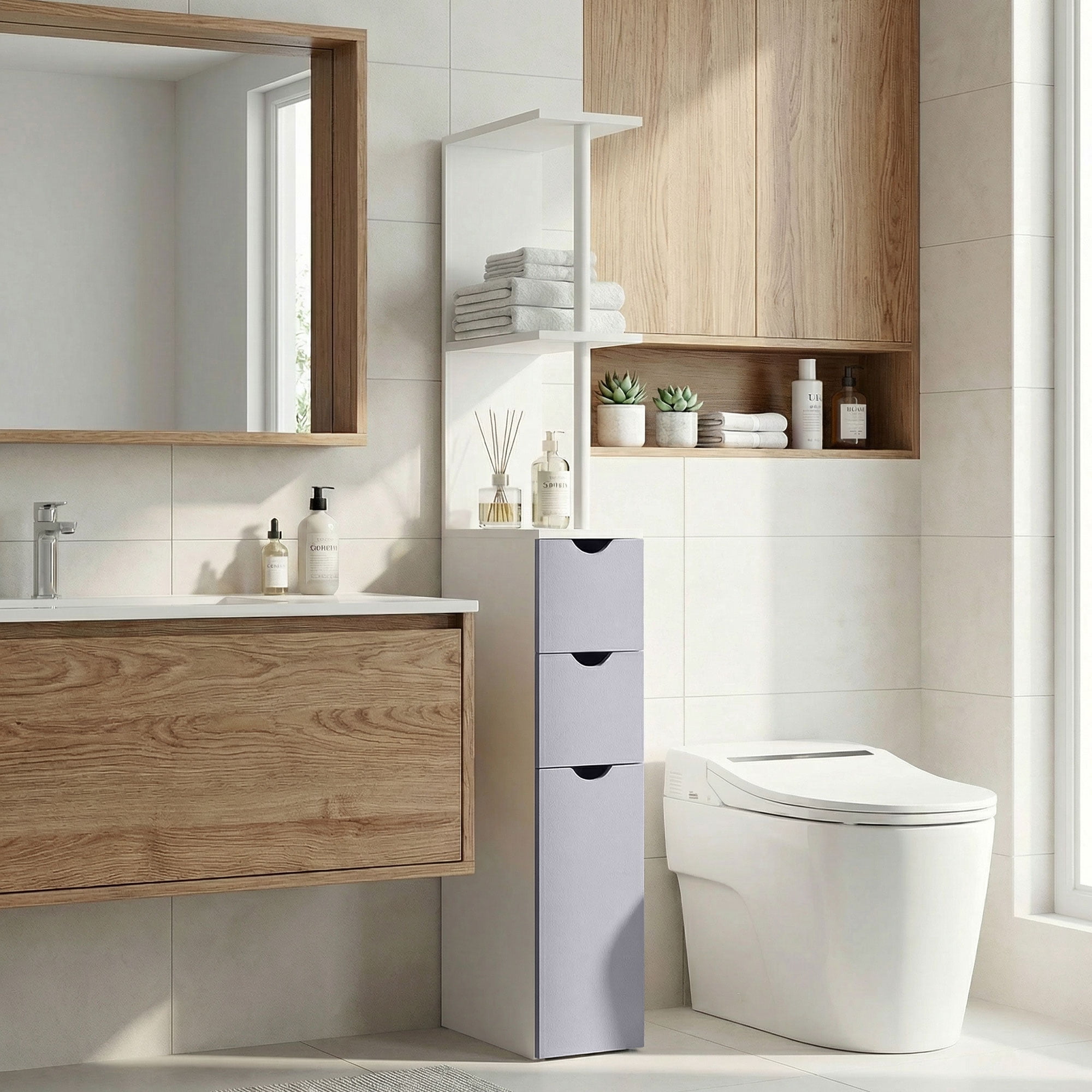 HOQBN 54" Tall Bathroom Storage Cabinet, Linen Tower with Shelf and Drawers, Narrow Side Floor Organizer, Grey and White