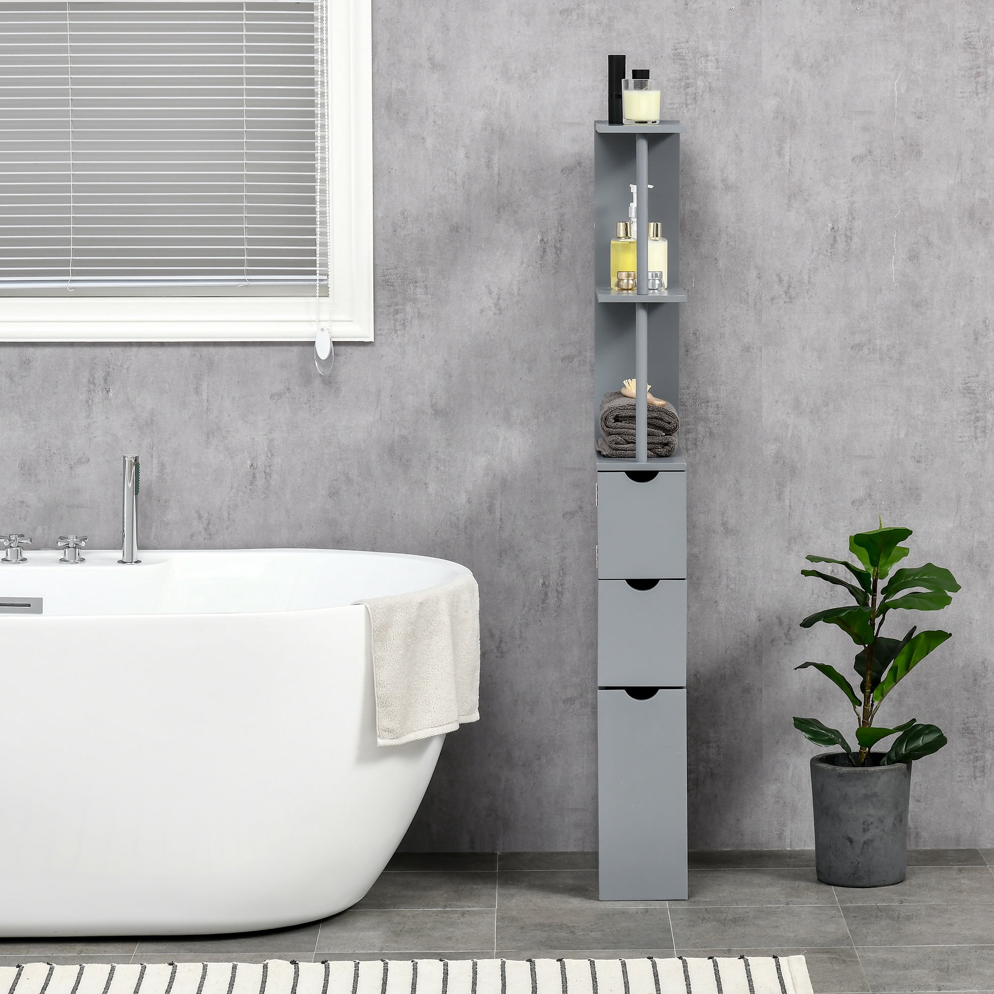 HOQBN 54" Tall Freestanding Bathroom Storage Cabinet with 2‑Tier Shelf and Drawers, Multipurpose Storage Cabinet for Bathroom Laundry Room Home, Grey