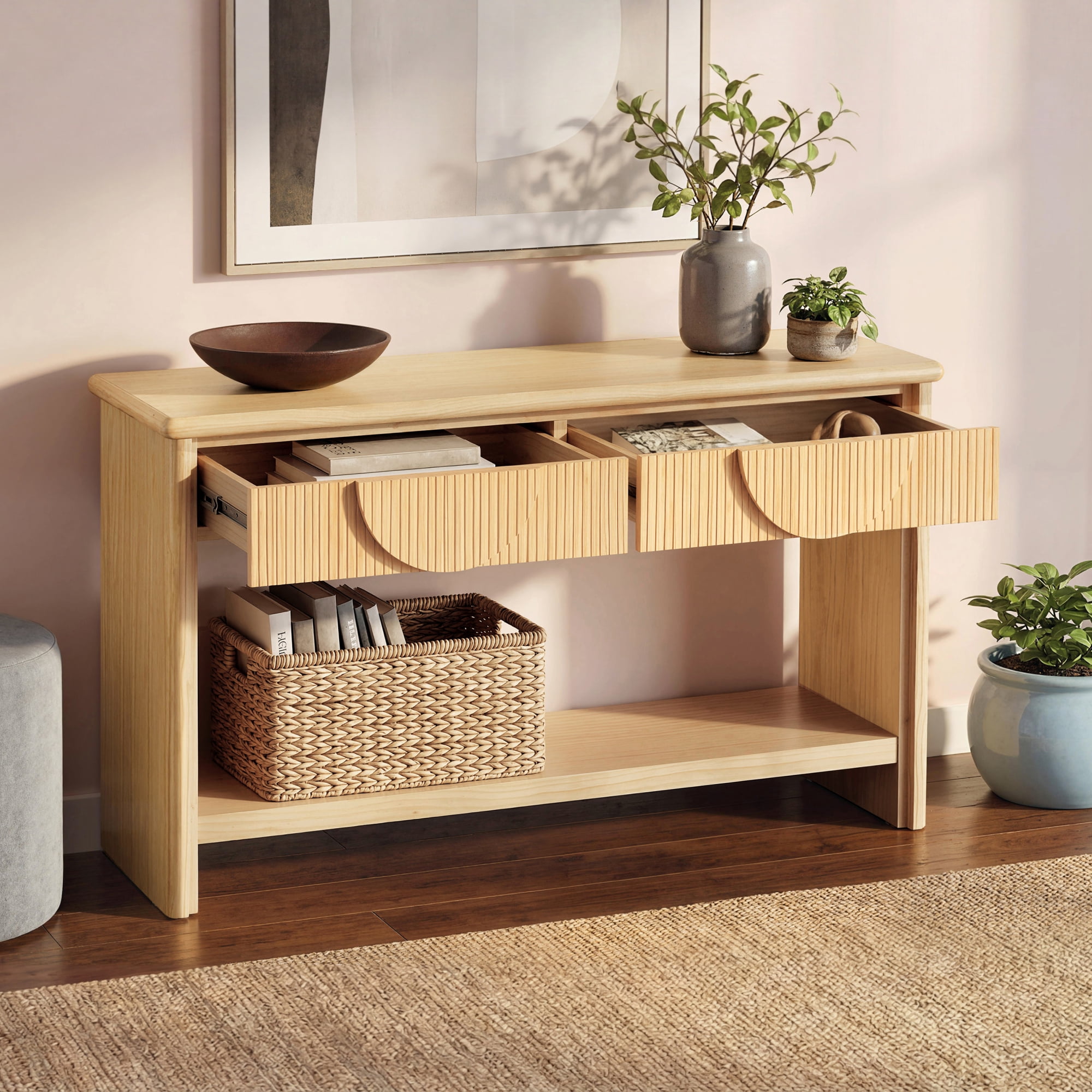 HOQBN 55" Console Table with Soft-Close Drawers, Solid Wood Top & Bottom Display Shelf,Modern Entryway Sofa Table for Living Room, Hallway, Office,Natural