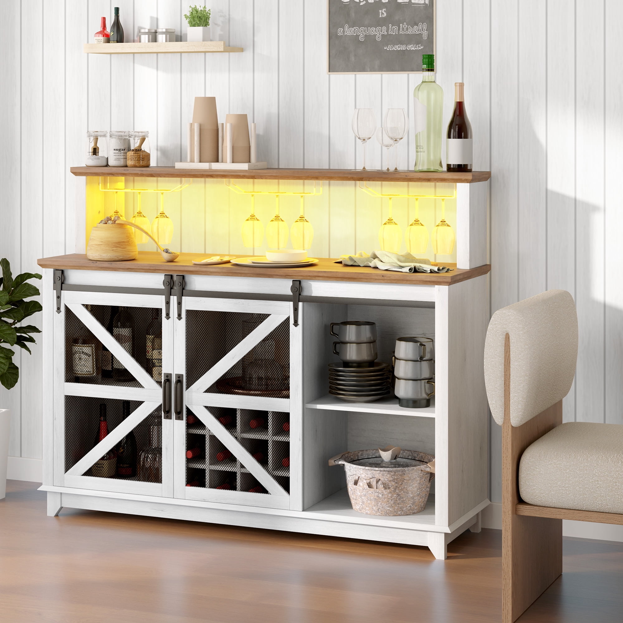 HOQBN 55" Farmhouse Coffee Bar Cabinet with Lights, Freestanding Wine Storage Cabinet with Wine Rack and Glass Holder Racks for Kitchen Dining Room Home, White