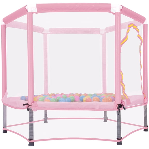 HOQBN 55 Inch Trampoline,Indoor Outdoor Mini Trampoline with Safety Enclosure Net and Balls for Kids,Pink
