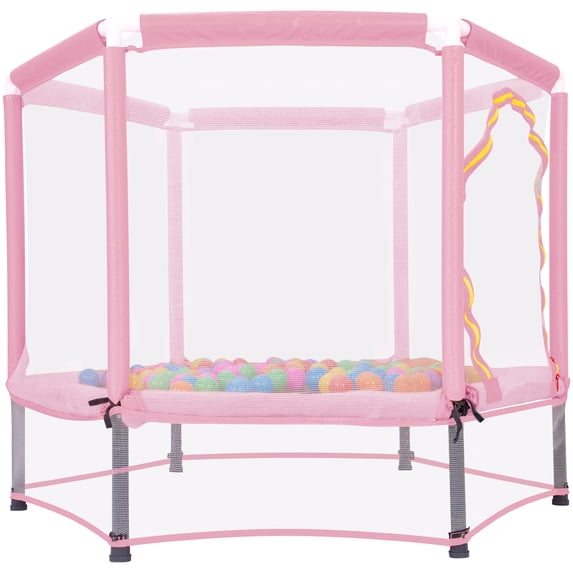 HOQBN 55 Inch Trampoline,Indoor Outdoor Mini Trampoline with Safety Enclosure Net and Balls for Kids,Pink