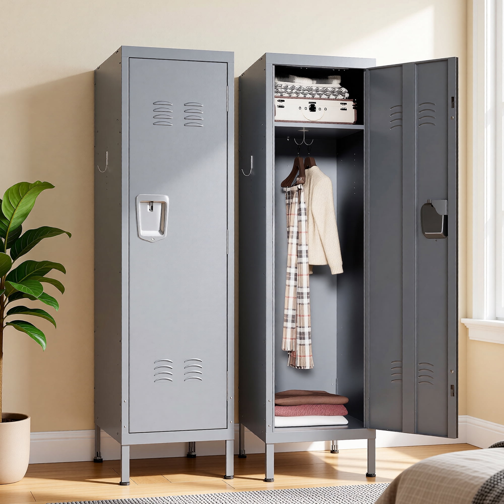 HOQBN 55" Tall Metal Wardrobe Cabinet,Waterproof Steel Clothing Storage Locker with Ventilated Door,Lock & Side Hooks,Vertical Bedroom Wardrobe for Small Apartment Home Office,Gray