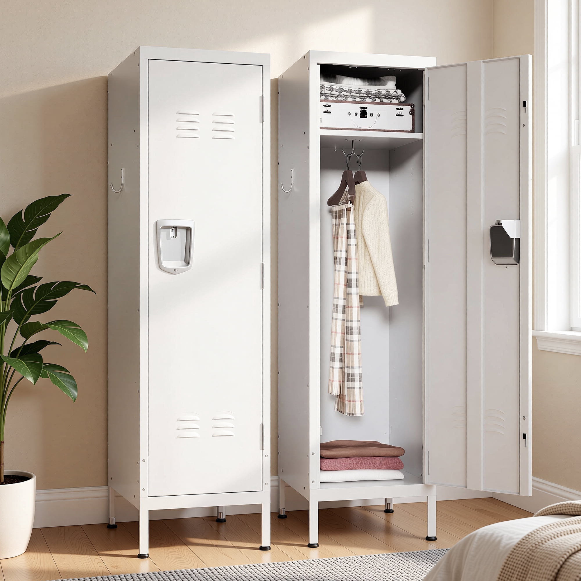 HOQBN 55" Tall Metal Wardrobe Cabinet,Waterproof Steel Clothing Storage Locker with Ventilated Door,Lock & Side Hooks,Vertical Bedroom Wardrobe for Small Apartment Home Office,White