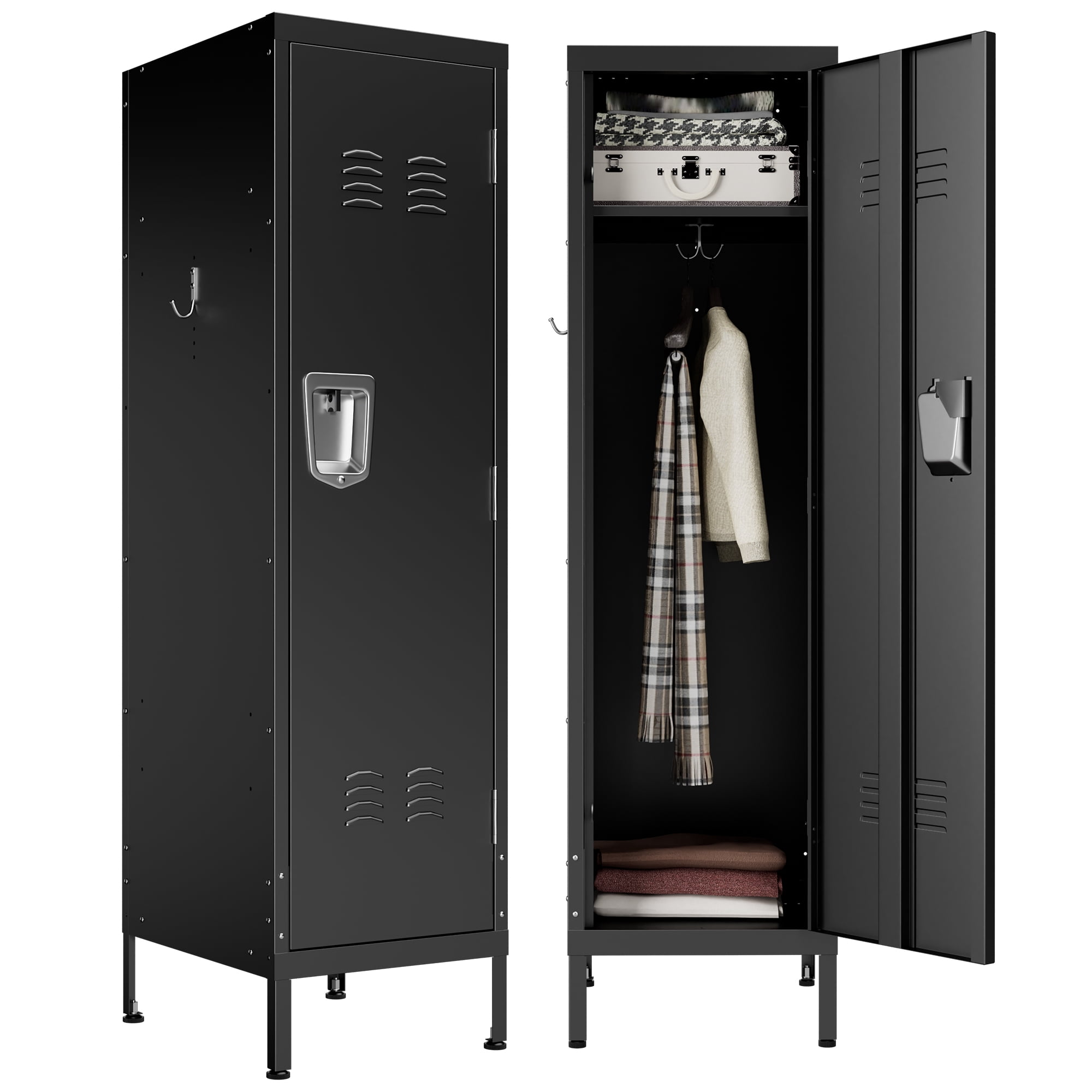 HOQBN 55" Tall Metal Wardrobe Cabinet,Waterproof Steel Clothing Storage Locker with Ventilated Door,Lock & Side Hooks,Vertical Bedroom Wardrobe for Small Apartment Home Office,Black