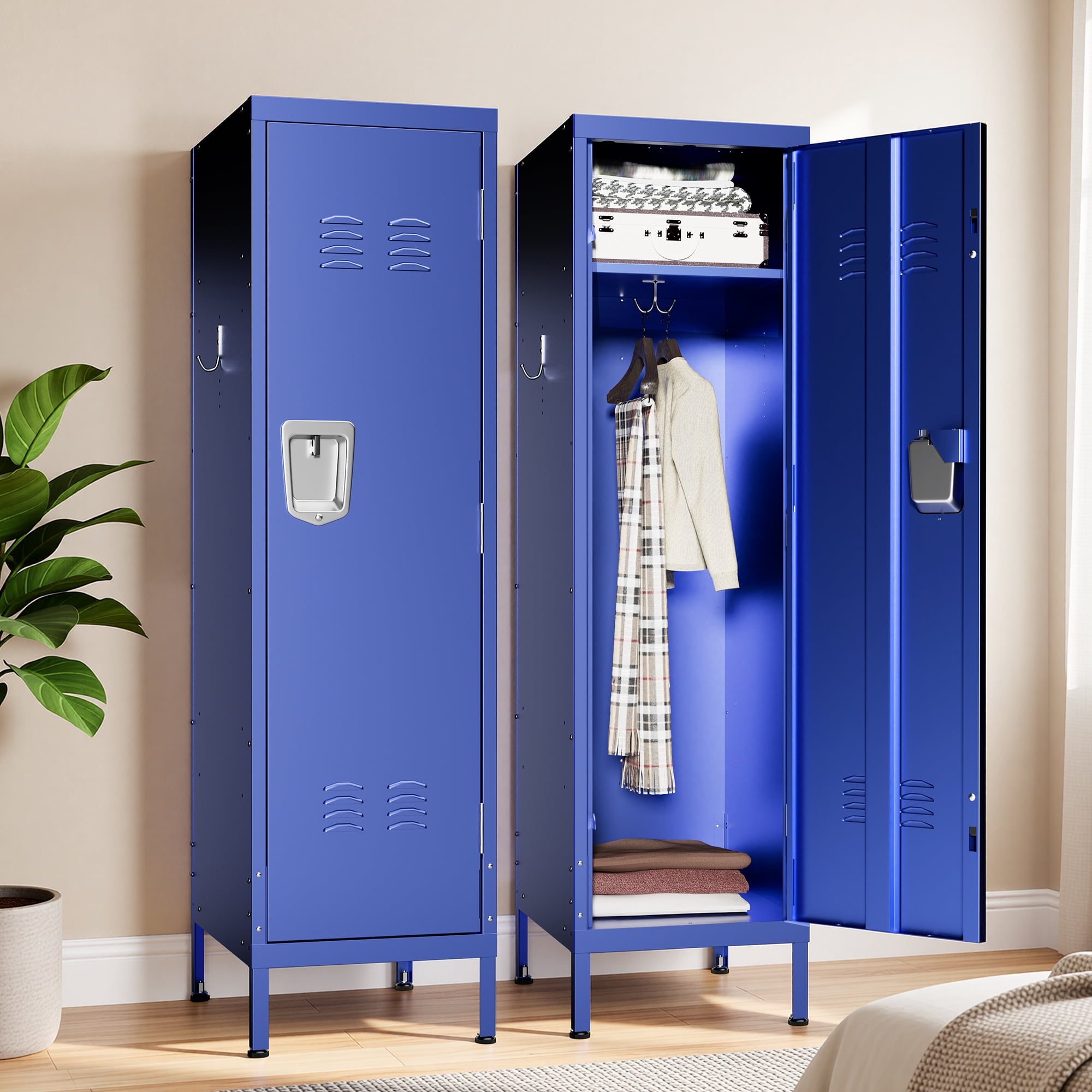 HOQBN 55" Tall Metal Wardrobe Cabinet,Waterproof Steel Clothing Storage Locker with Ventilated Door,Lock & Side Hooks,Vertical Bedroom Wardrobe for Small Apartment Home Office,Blue
