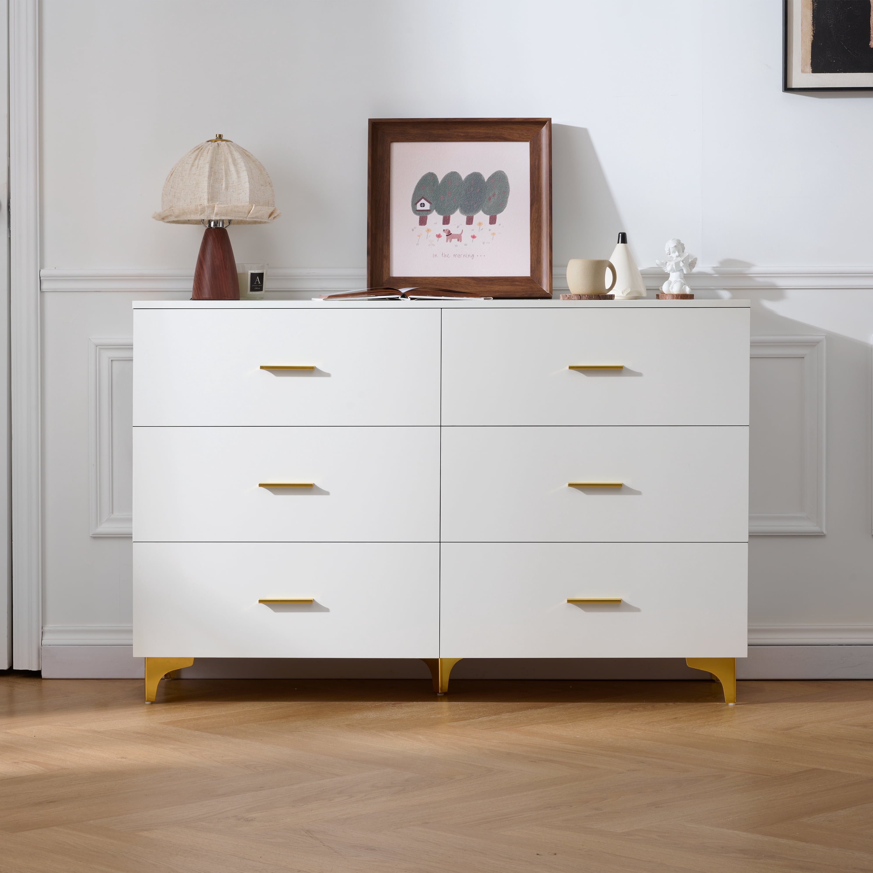 HOQBN 6 Drawer Dresser for Bedroom,Chest of Drawers withGold Handles & Metal Legs,Modern Chest of Drawers, Wooden Dresser TV Stand for Living Room, Hallway, Entryway, White