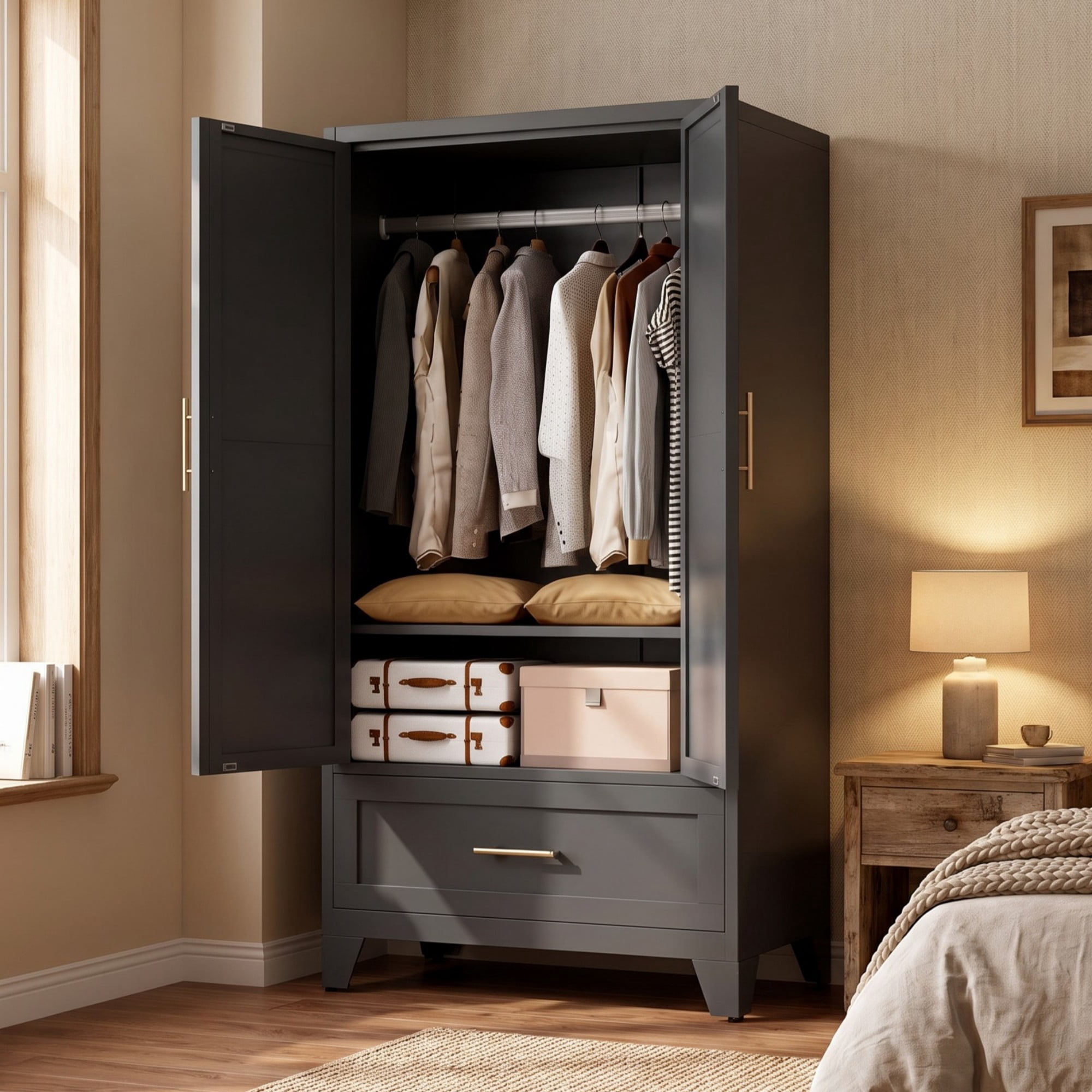 HOQBN 60" Metal Wardrobe Cabinet with 1 Drawer & Hanging Rod,Freestanding Wardrobe Closet with Shelf & 2 Doors for Bedroom,Office,Laundry Room,Entryway,Black