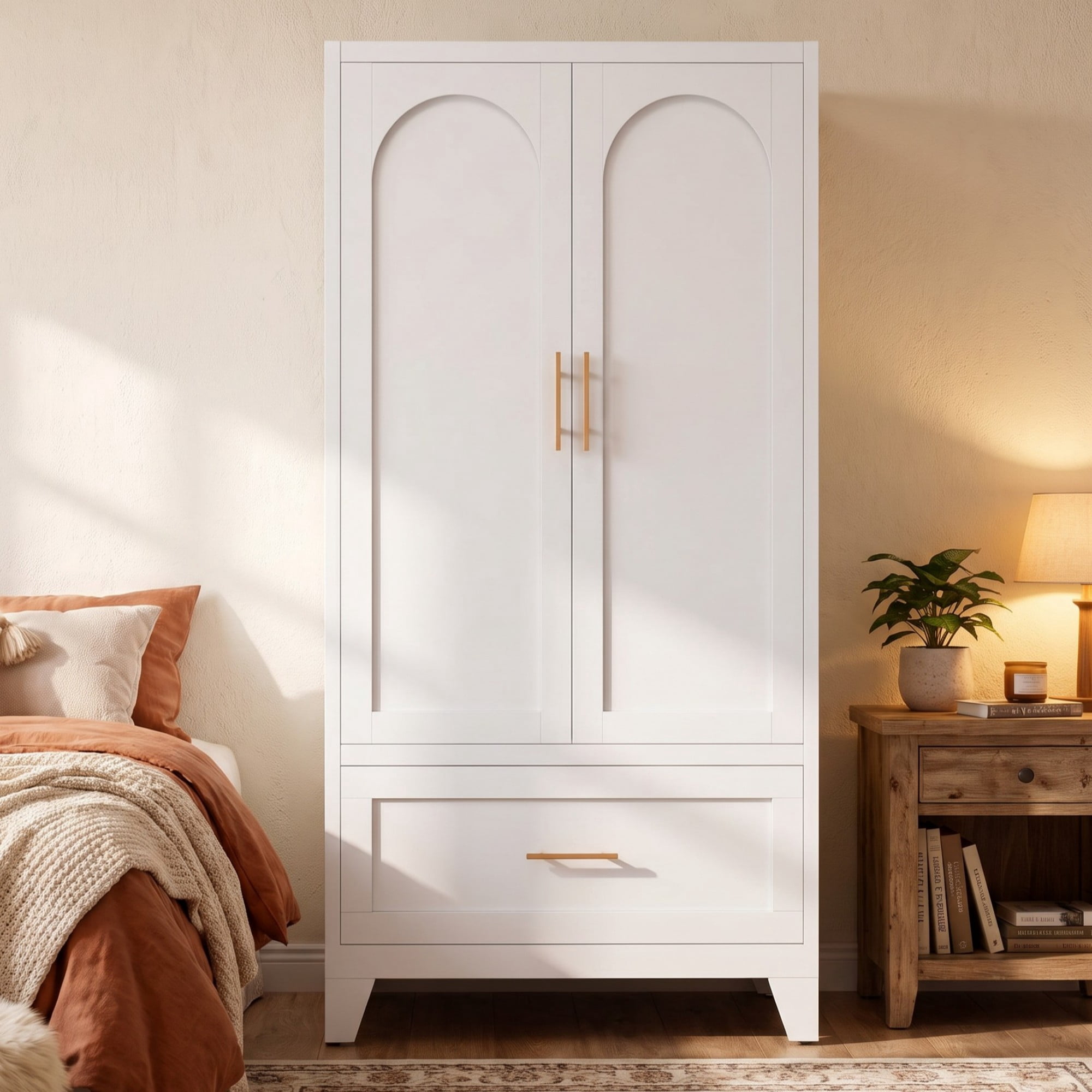 HOQBN 60" Metal Wardrobe Cabinet with 1 Drawer & Hanging Rod,Freestanding Wardrobe Closet with Shelf & 2 Doors for Bedroom,Office,Laundry Room,Entryway,White