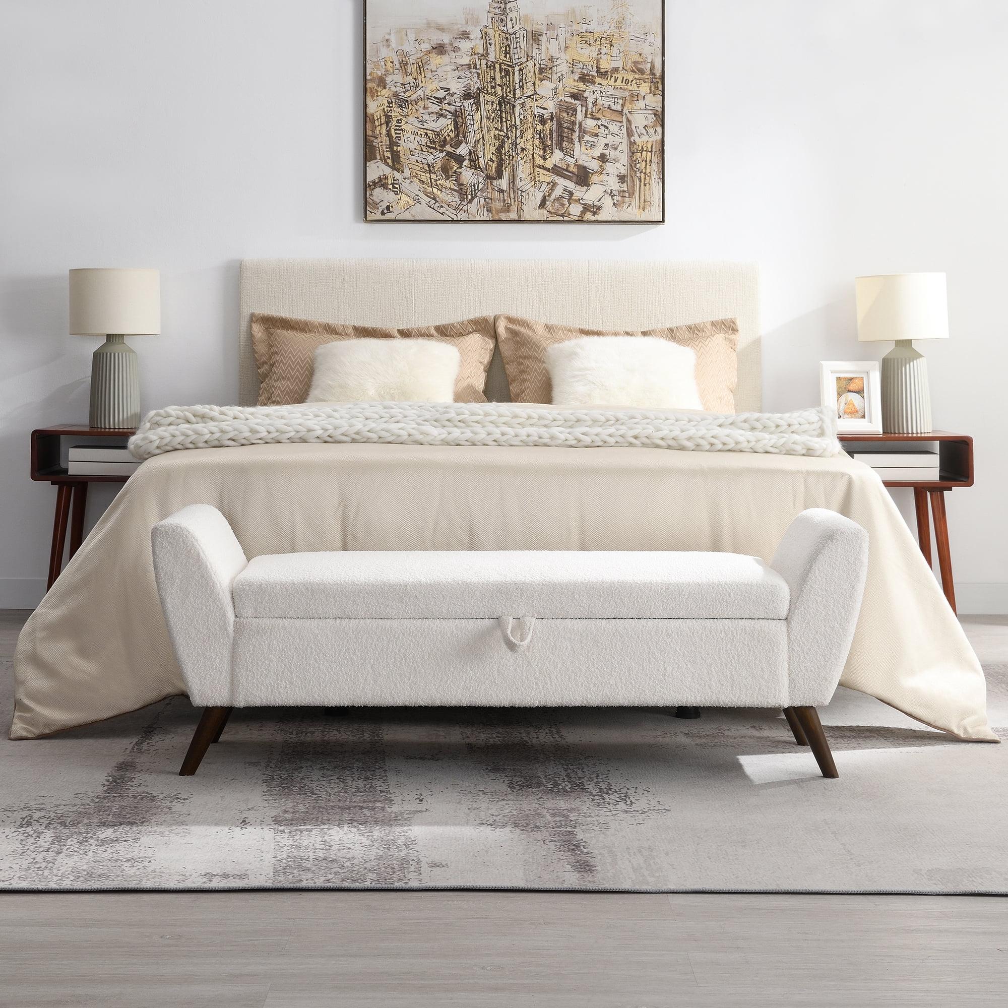 HOQBN 60" Modern Storage Bench with Mid-Centruy Wood Legs,Bench with Storage for Living Room, Bedroom Cream