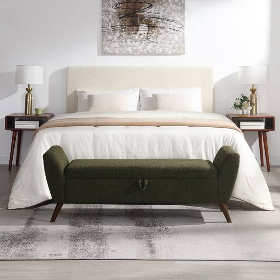 HOQBN 60" Modern Storage Bench with Mid-Centruy Wood Legs,Bench with Storage for Living Room, Bedroom Olive Green