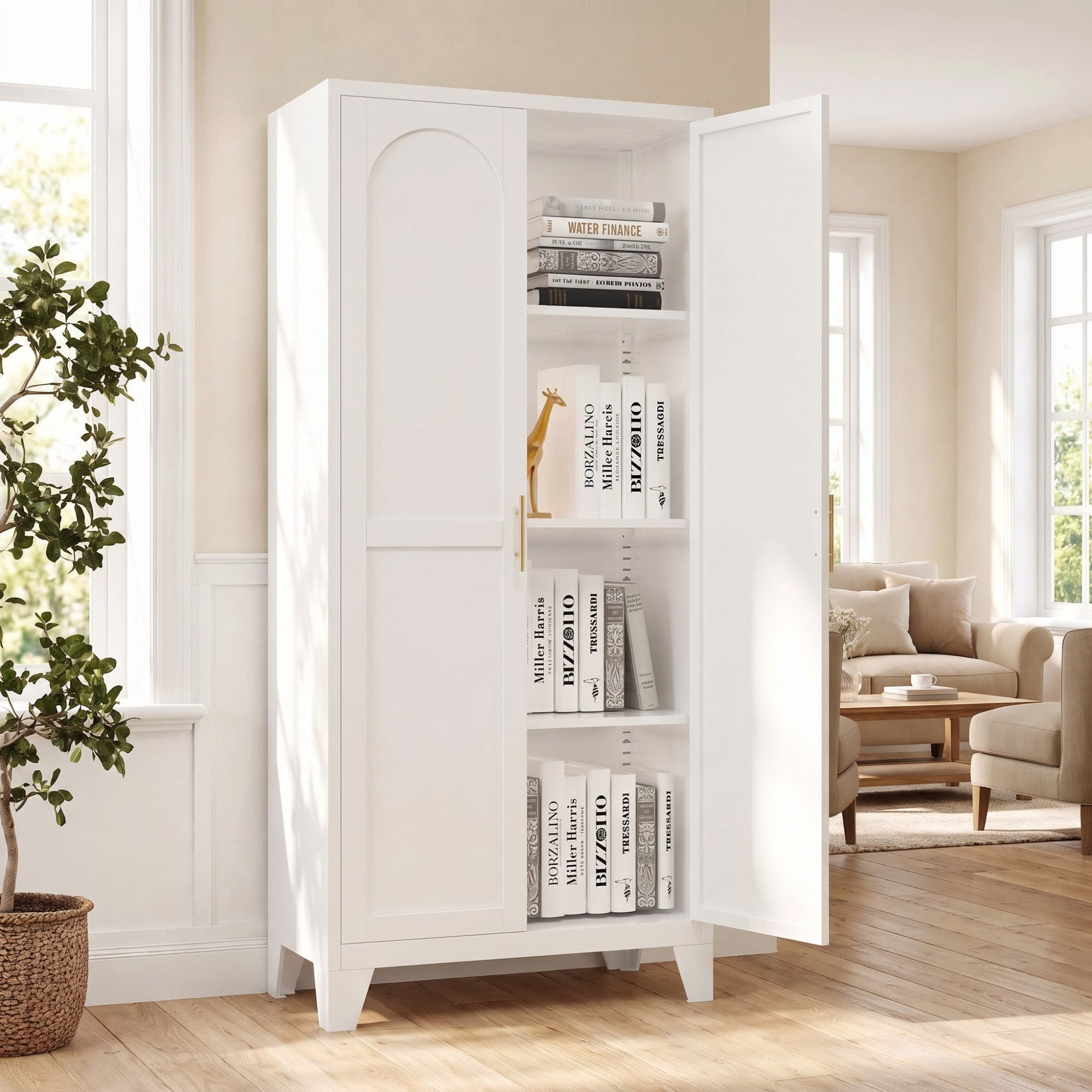HOQBN 61"H Metal Storage Cabinet with 2 Doors & Adjustable Shelves,Freestanding Kitchen Pantry Storage Cabinet,Tall Steel Cabinet for Bedroom,Living Room,Office,White