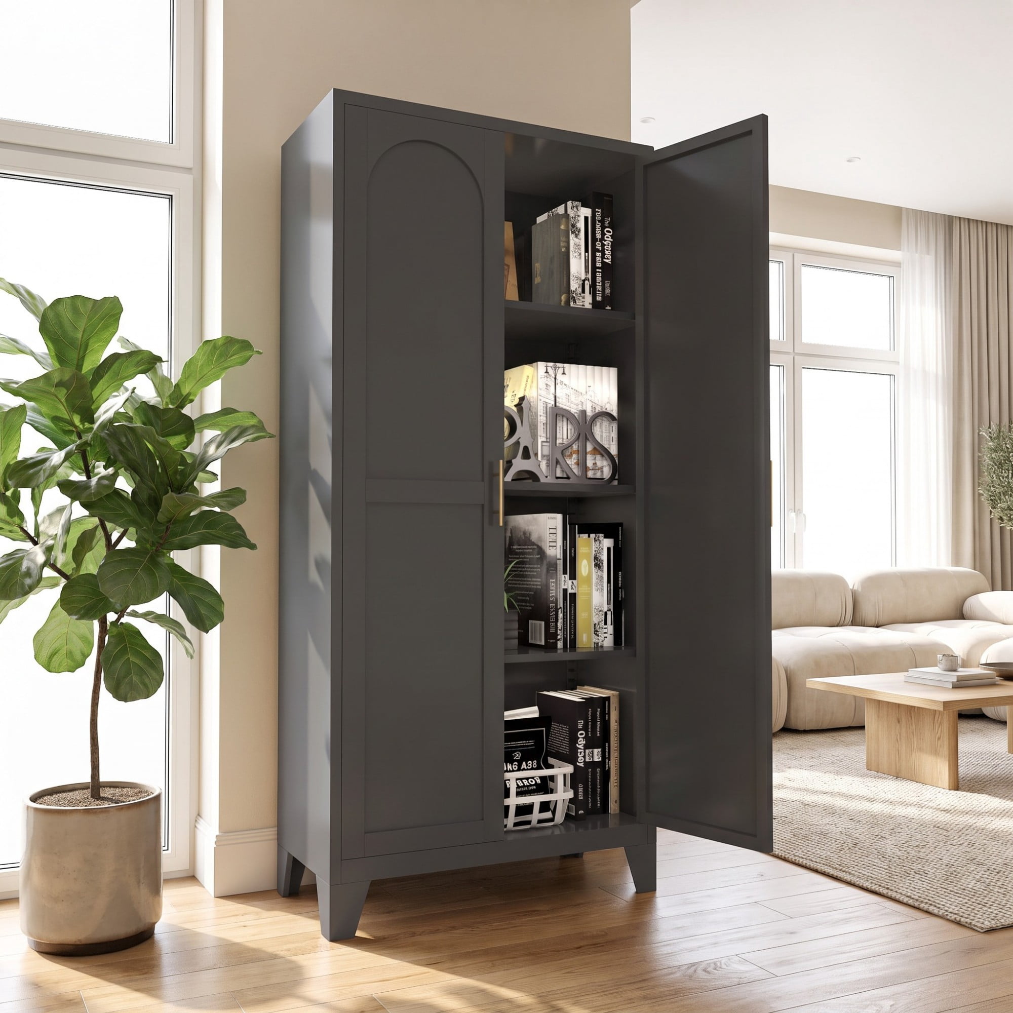 HOQBN 61"H Metal Storage Cabinet with 2 Doors & Adjustable Shelves,Freestanding Kitchen Pantry Storage Cabinet,Tall Steel Cabinet for Bedroom,Living Room,Office,Black