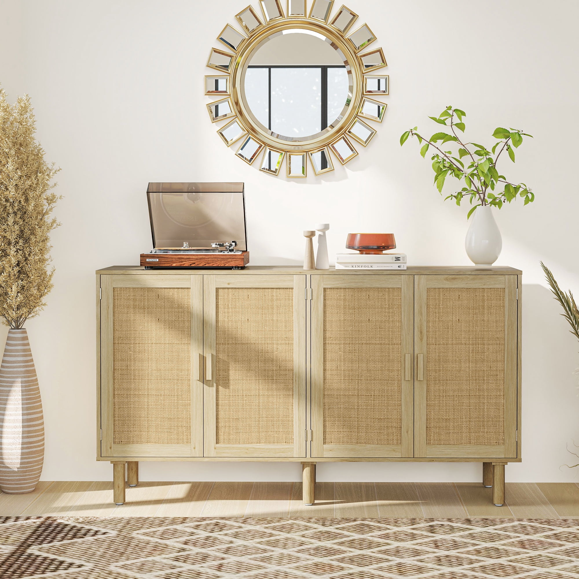 HOQBN 62.2" Bohemian Sideboard, Buffet Cabinet with 4 Rattan Doors and Shelves for Living Room, Hallway, Natural