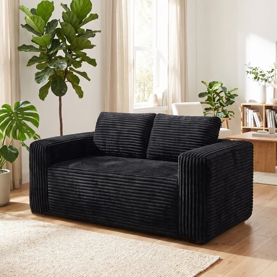 HOQBN 63 Inch Loveseat Sofa,Upholstered Compressed Couch with High-Density Foam Cushion,Corduroy No Frame 2-Seat Loveseat,Comfortable Floor Sofa for Bedroom,Office,Living Room,Small Spaces,Black