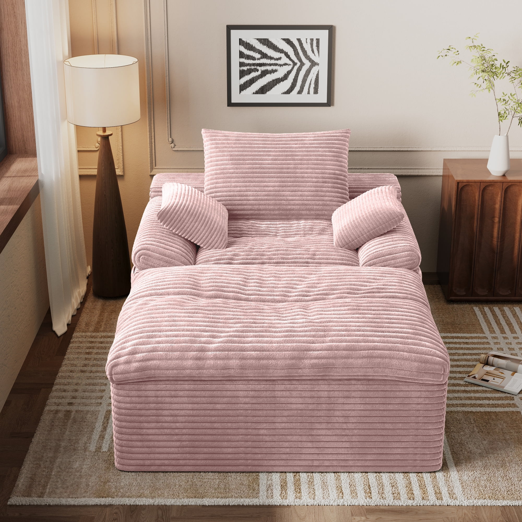 HOQBN 65" Chaise Lounge Chair Indoor,Oversized Boneless Sofa Bed with 3 Pillows,Cloud Reading Chair for Living Room Bedroom, Deep Seat Sleeper Couch, No Assembly Required,Baby Pink