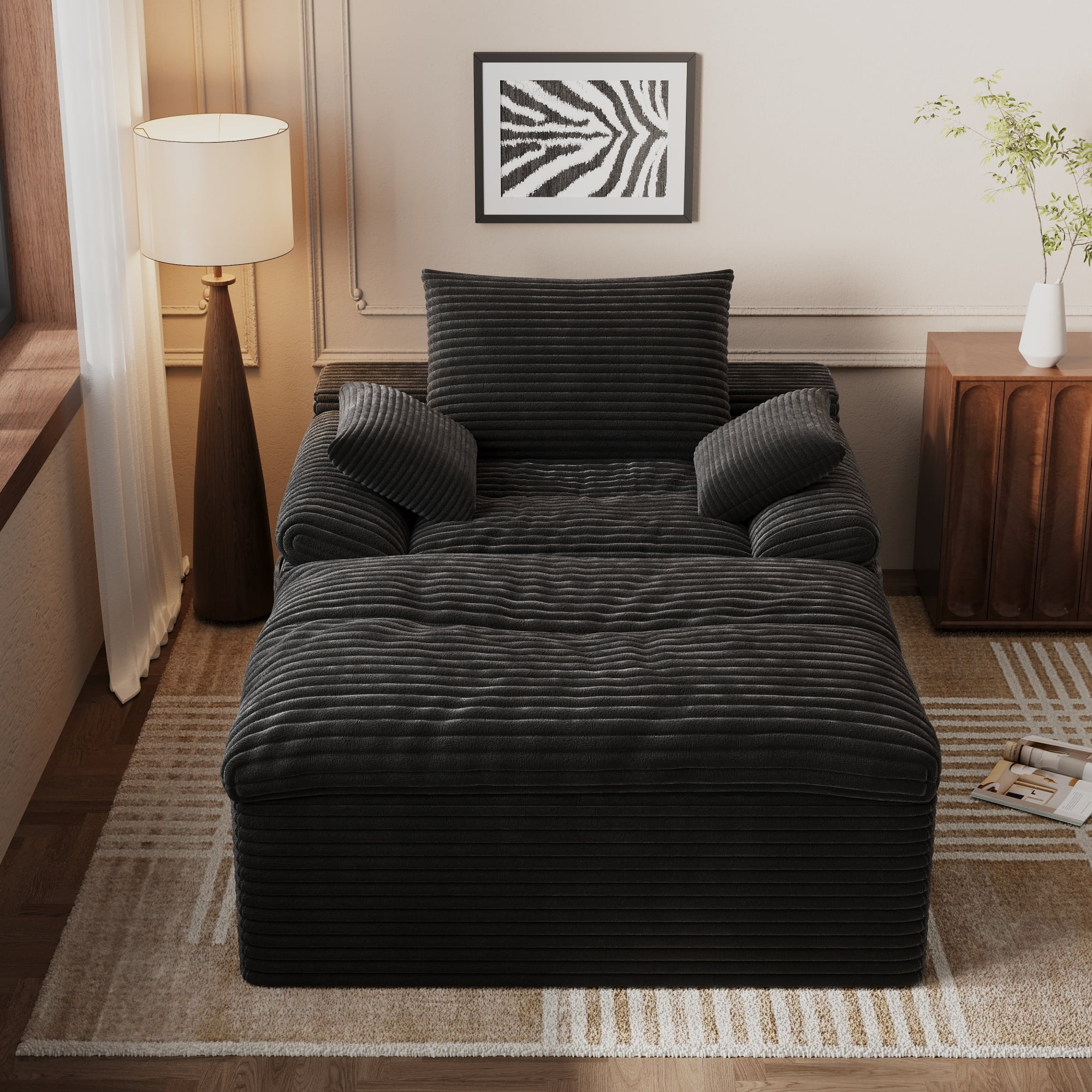HOQBN 65" Chaise Lounge Chair Indoor,Oversized Boneless Sofa Bed with 3 Pillows,Cloud Reading Chair for Living Room Bedroom, Deep Seat Sleeper Couch, No Assembly Required,Black