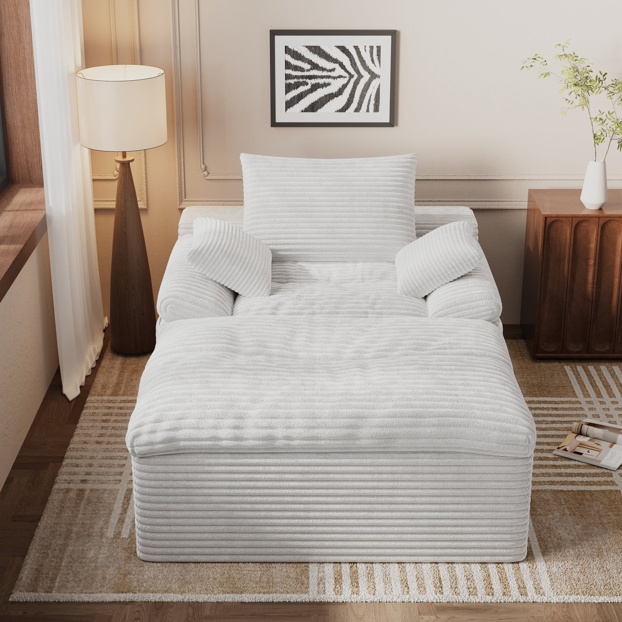 HOQBN 65" Chaise Lounge Chair Indoor,Oversized Boneless Sofa Bed with 3 Pillows,Cloud Reading Chair for Living Room Bedroom, Deep Seat Sleeper Couch, No Assembly Required,Cream White