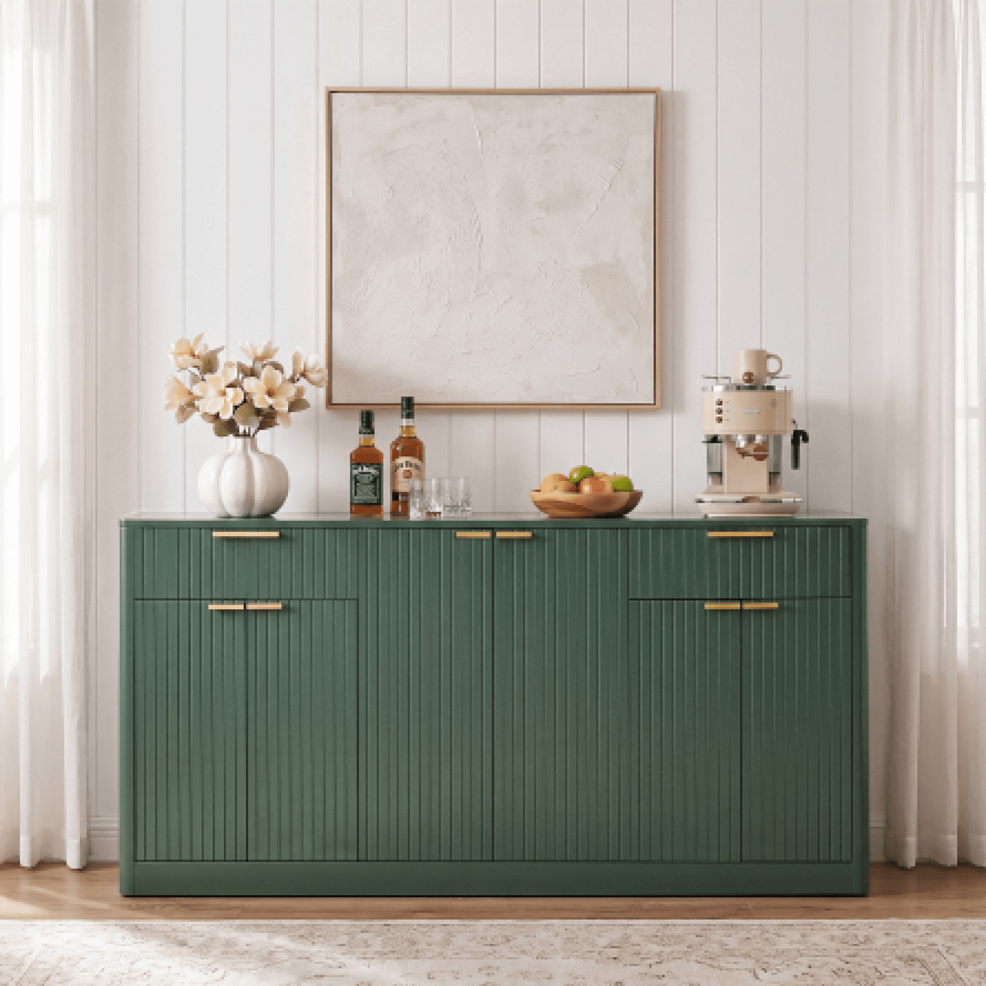HOQBN 67" Fluted Buffet Sideboard, Modern Storage Cabinet with 6 Doors & 2 Drawers,Large Credenza for Dining Room,Living Room,Entryway,Dark Green