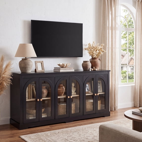 HOQBN 68" Modern Arched Glass Sideboard with 6 Doors, Buffet Cabinet with Storage and Adjustable Shelves, Large Credenza for Living Room,Kitchen,Entryway,Black