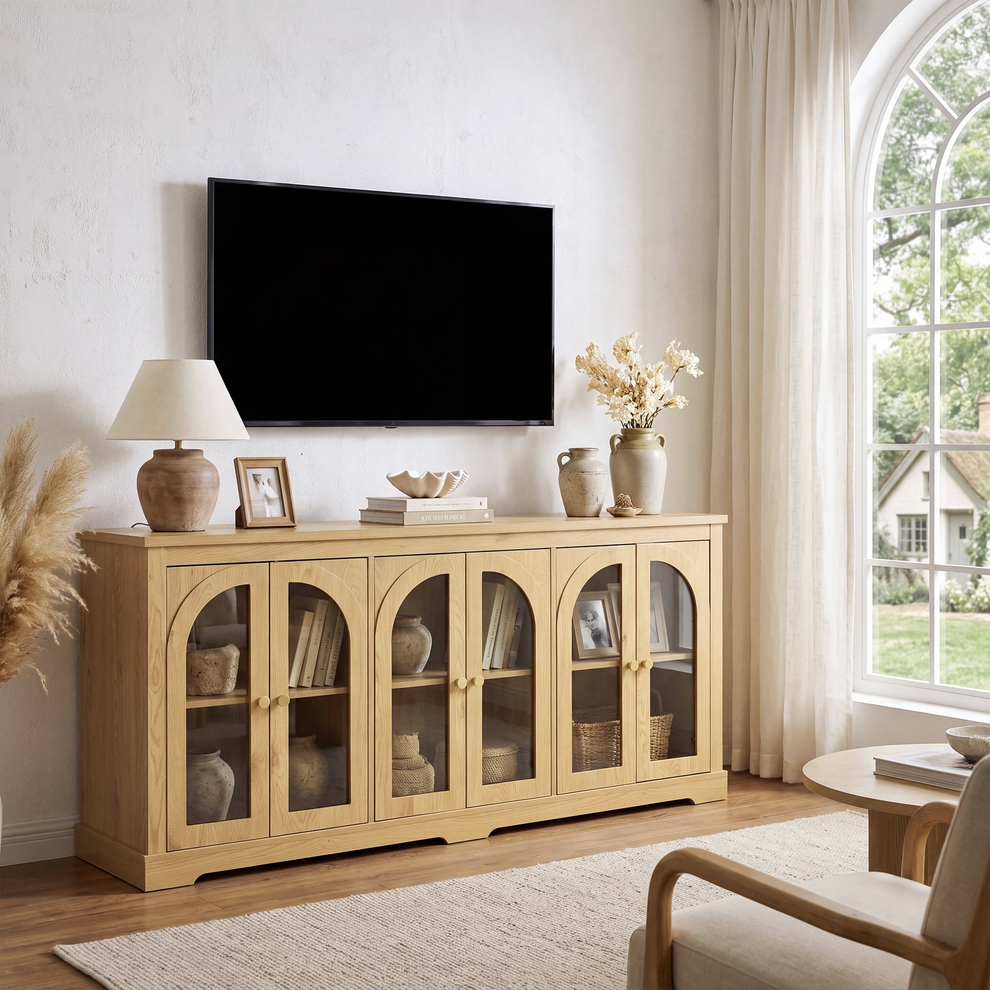 HOQBN 68" Modern Arched Glass Sideboard with 6 Doors, Buffet Cabinet with Storage and Adjustable Shelves, Large Credenza for Living Room,Kitchen,Entryway,Natural