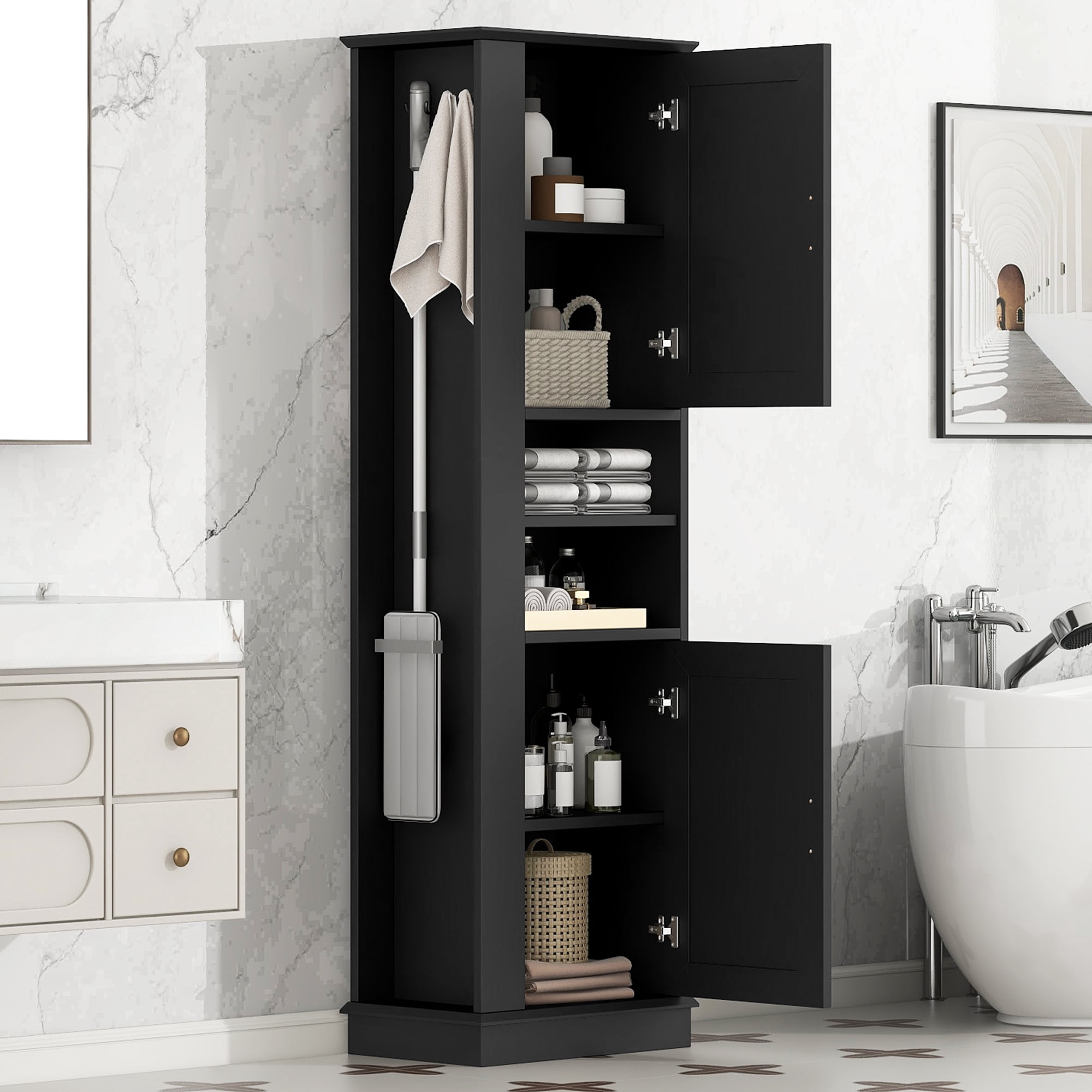 HOQBN 69"H Tall Bathroom Storage Cabinet,Freestanding Storage Cabinet with Hook & Adjustable Shelf for Bathroom, Living Room, Black