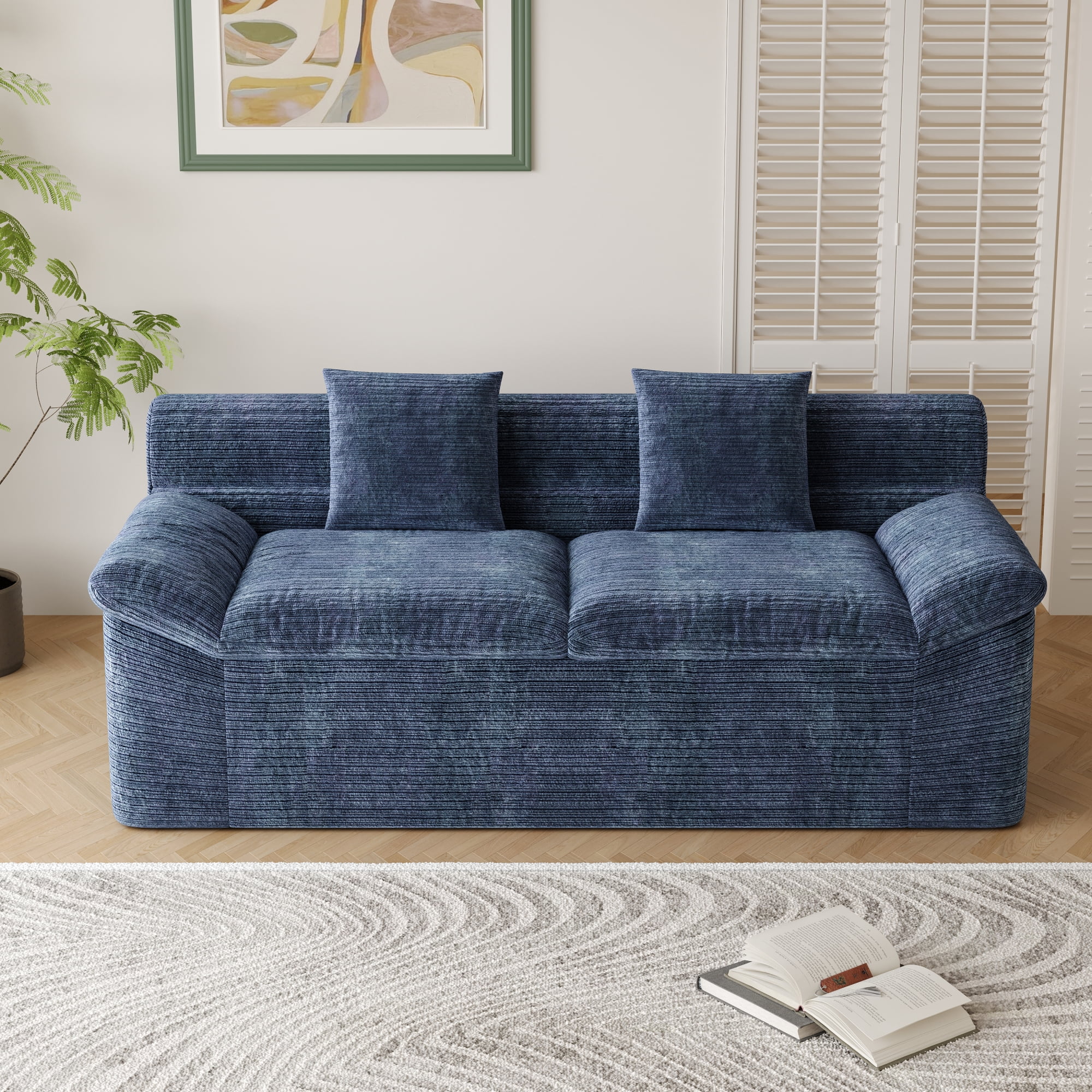 HOQBN 71" Boneless Couch for Living Room,Upholstered Chenille Sofa with Deep Seat Design and 2 Pillows,Comfy Cloud Couch for Bedroom, Office, Apartment, No Assembly,Aged Blue