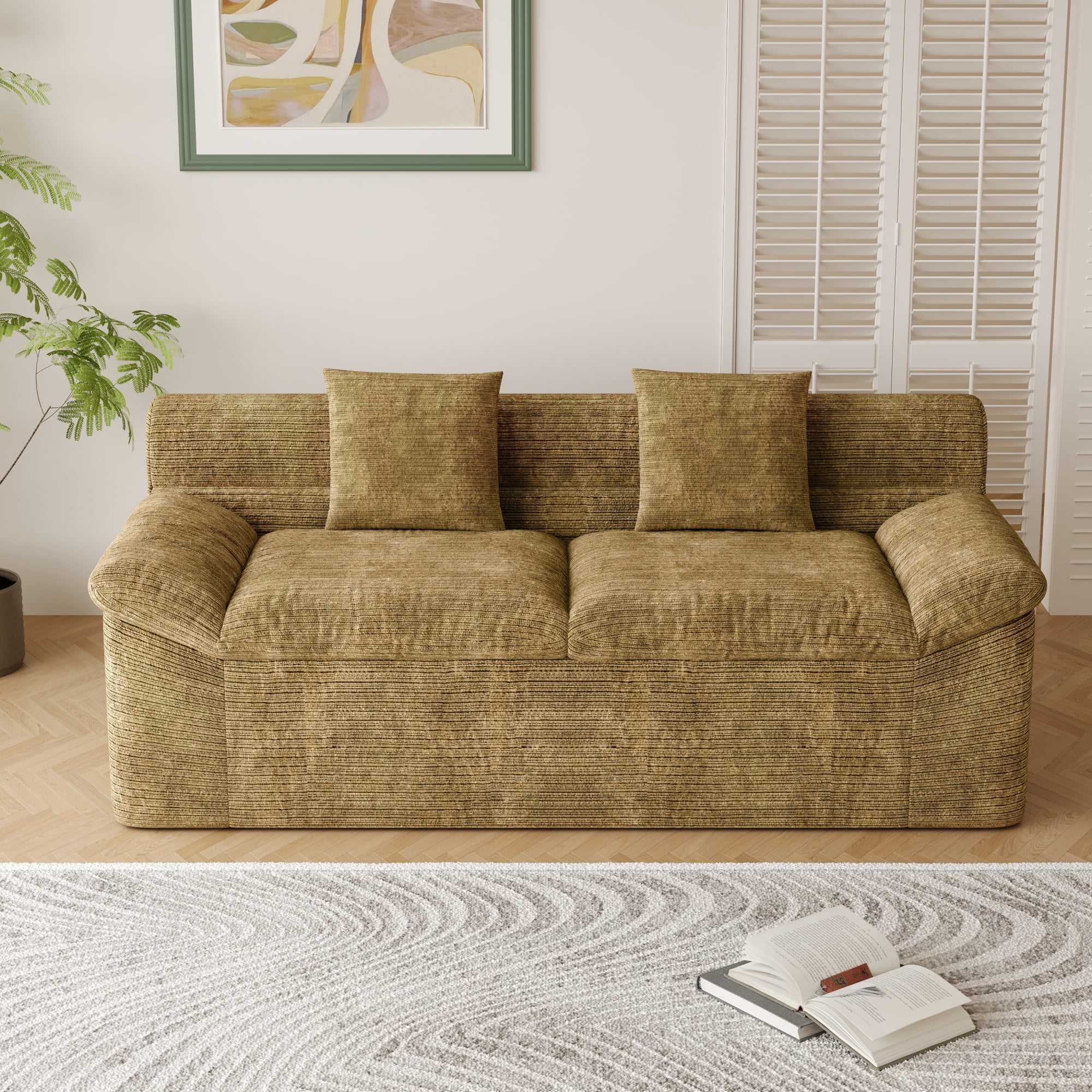 HOQBN 71" Boneless Couch for Living Room,Upholstered Chenille Sofa with Deep Seat Design and 2 Pillows,Comfy Cloud Couch for Bedroom, Office, Apartment, No Assembly,Mustard yellow