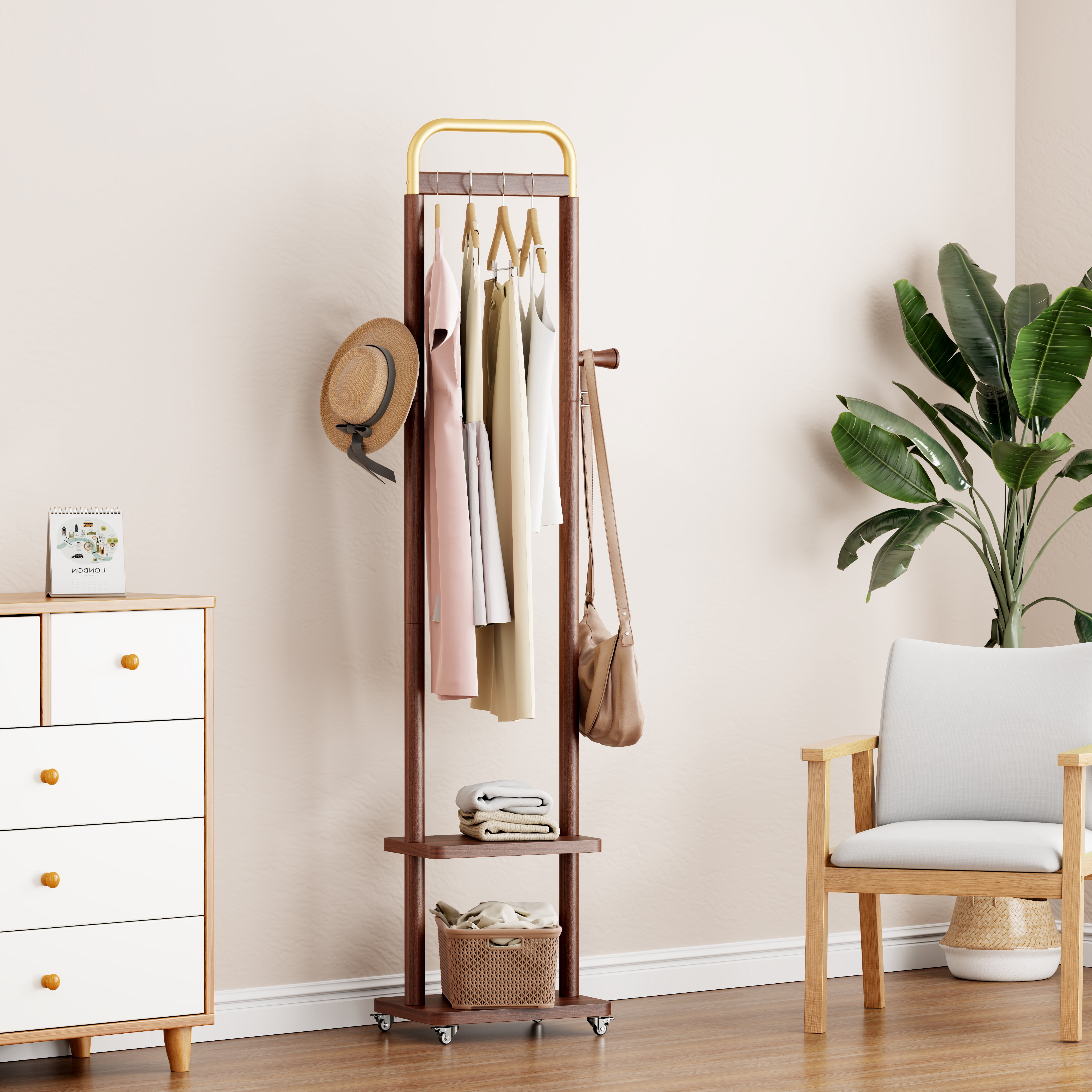 HOQBN 71"H Coat Racks Solid Wood Hanger with Wheel,Easy to Assemble for Bedroom,Hallway,Living Room,Walnut