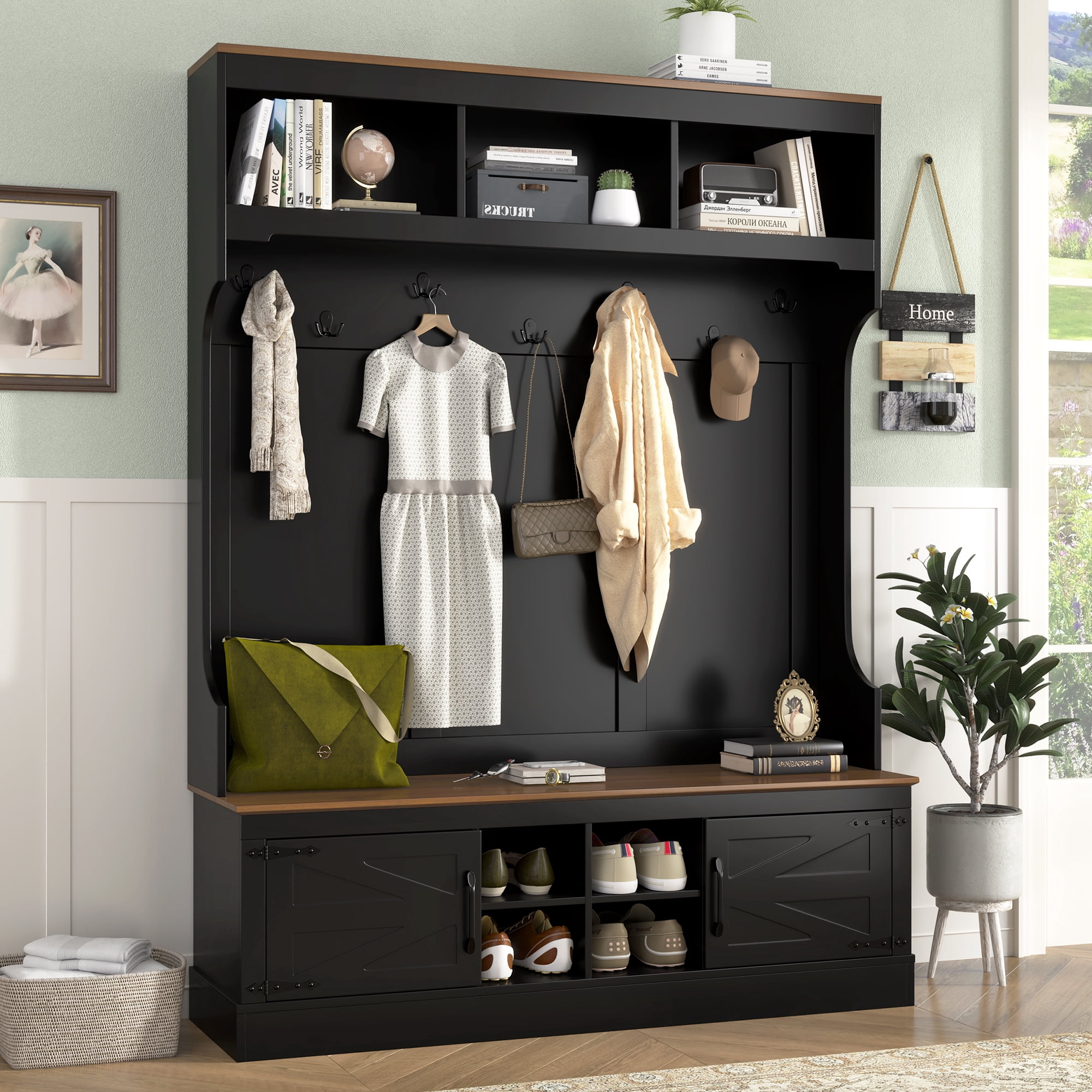 HOQBN 71"H Farmhouse Hall Tree with Bench & Shoe Storage, 5-in-1 Modern