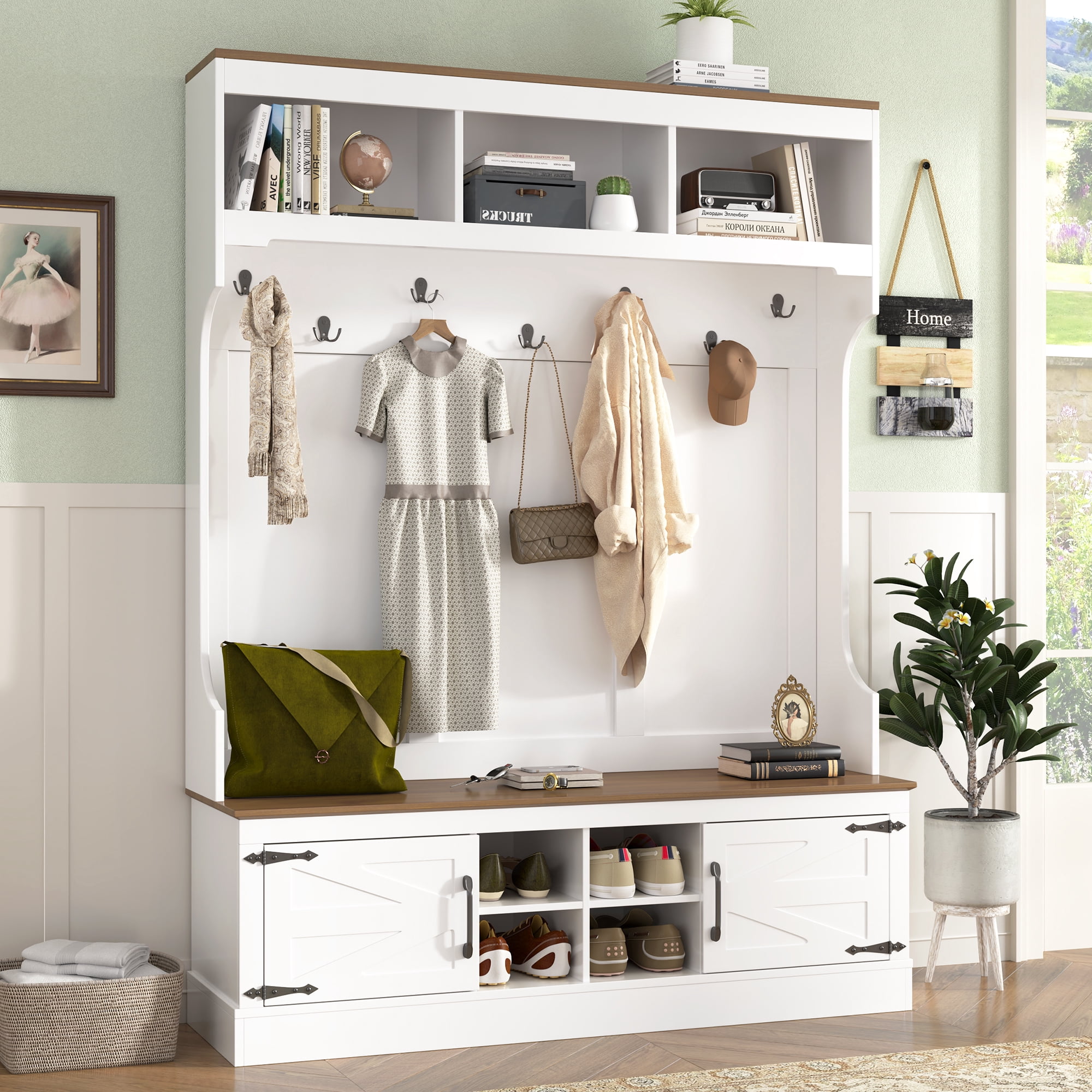 HOQBN 71"H Farmhouse Hall Tree with Bench & Shoe Storage, 5-in-1 Modern Entryway Storage Organizer Cabinet with Coat Rack, 4 Shoe Cubbies & 7 Hooks, White