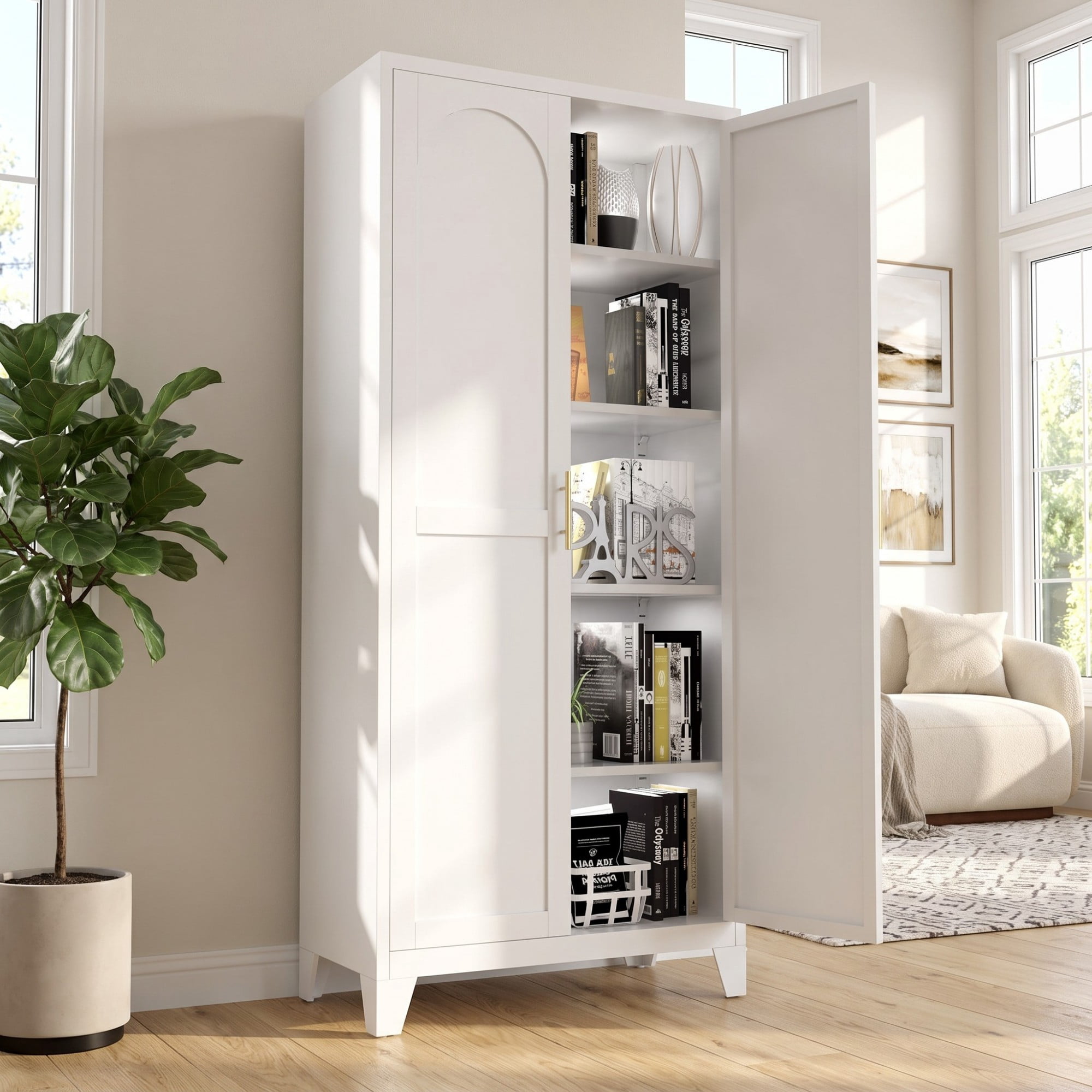 HOQBN 71 Inch Metal Storage Cabinet with 2 Doors,Tall Steel Cabinet with Adjustable Shelves,Freestanding Floor Storage Cabinet for Bedroom,Living Room,Kitchen,Office,Pantry,White