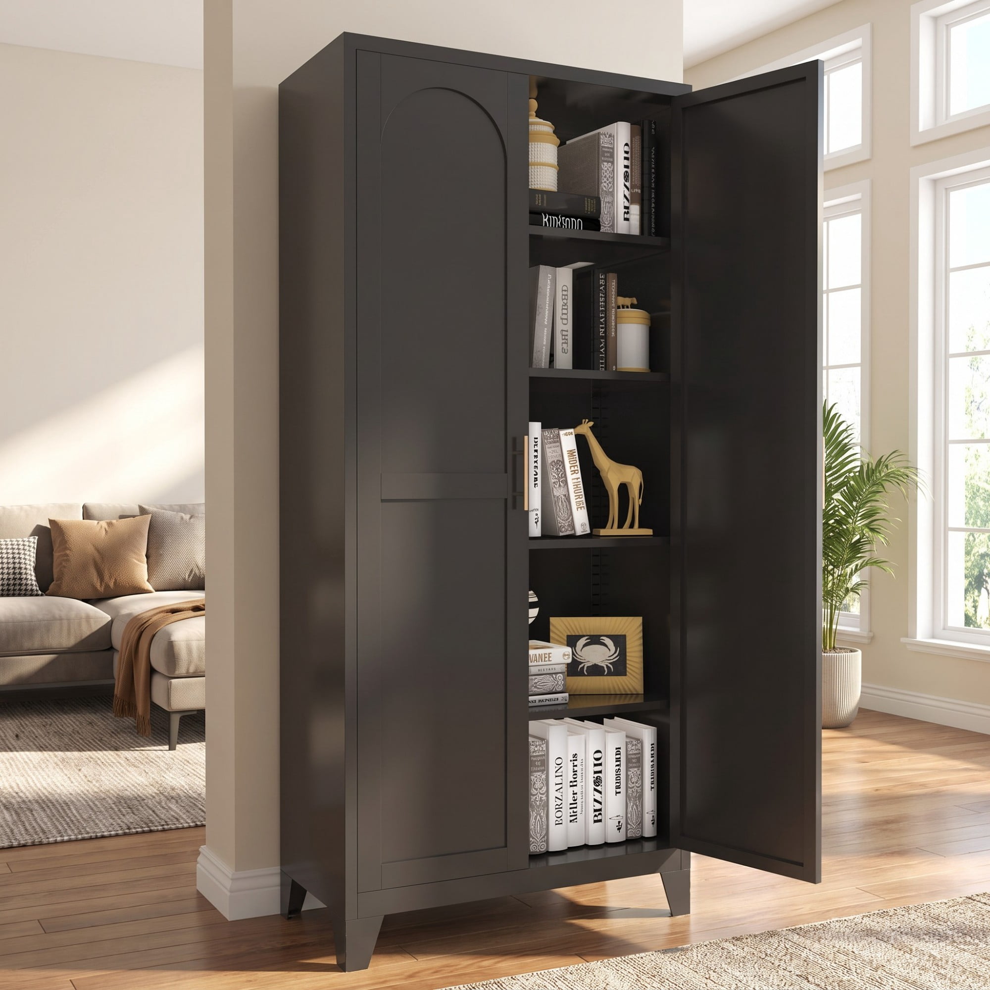 HOQBN 71 Inch Metal Storage Cabinet with 2 Doors,Tall Steel Cabinet with Adjustable Shelves,Freestanding Floor Storage Cabinet for Bedroom,Living Room,Kitchen,Office,Pantry,Black