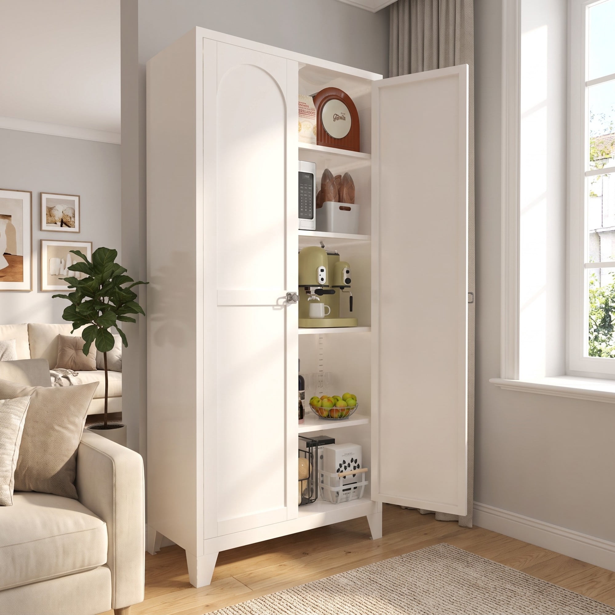HOQBN 71 Inch Metal Storage Cabinet with Lock,2-Door Tall Steel Cabinet with 4 Adjustable Shelves,Freestanding Lockable Floor Cabinet for Kitchen,Bedroom,Living Room,Office,Pantry,Beige