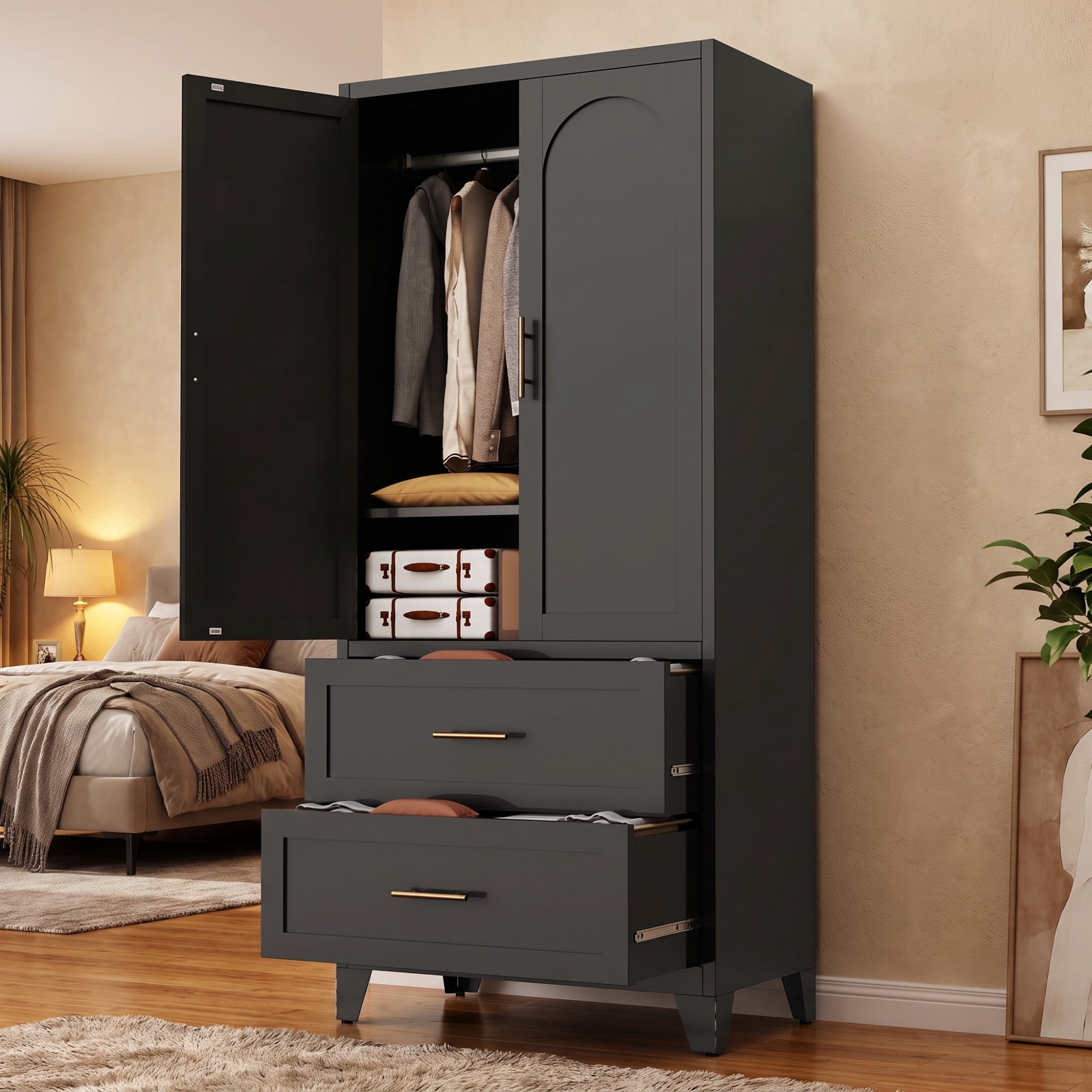 HOQBN 71 Inch Tall Metal Wardrobe Cabinet with 2 Drawers and Hanging Rod,2-Door Steel Wardrobe Closet with Adjustable Shelf for Bedroom,Office,Laundry Room,Entryway,Black