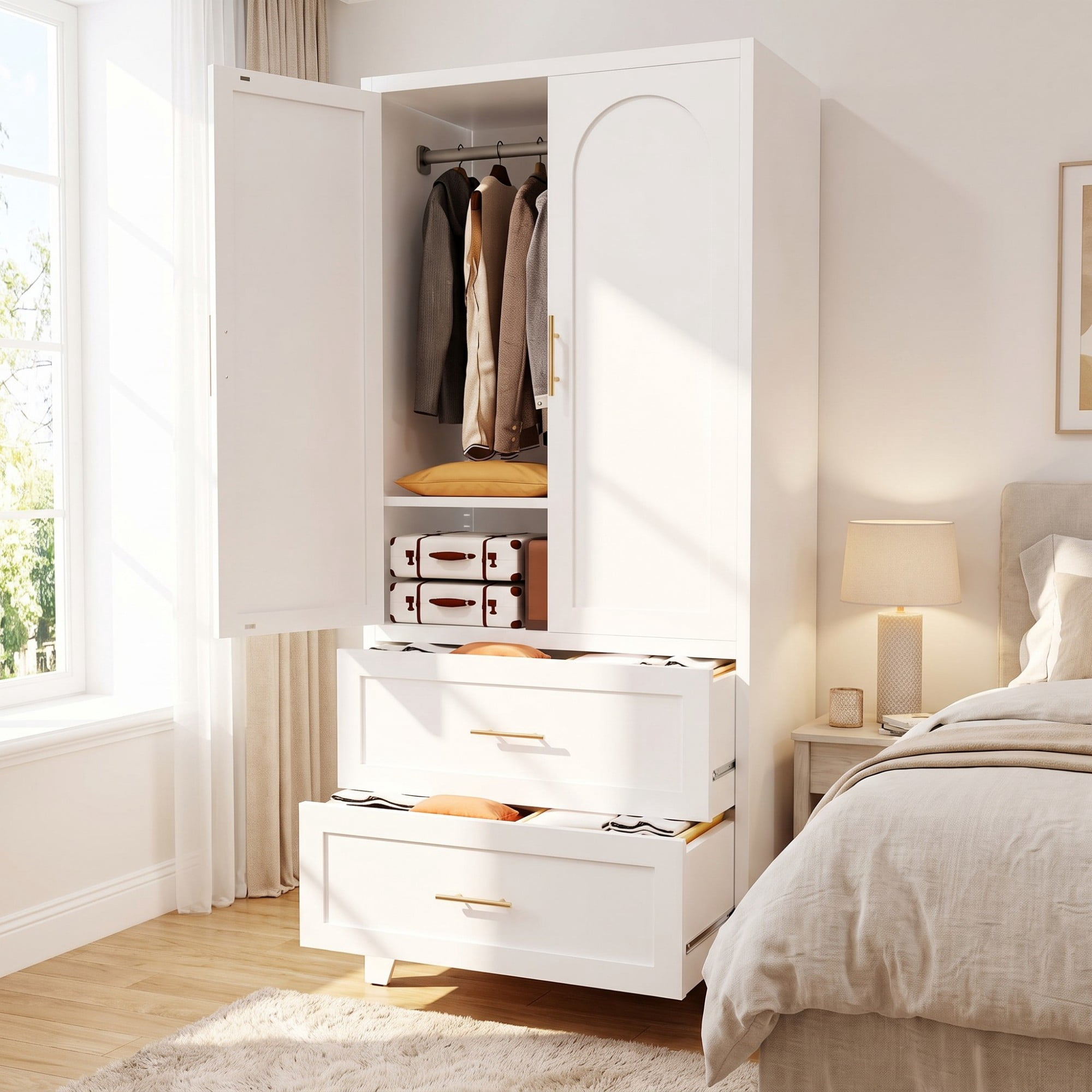 HOQBN 71 Inch Tall Metal Wardrobe Cabinet with 2 Drawers and Hanging Rod,2-Door Steel Wardrobe Closet with Adjustable Shelf for Bedroom,Office,Laundry Room,Entryway,White