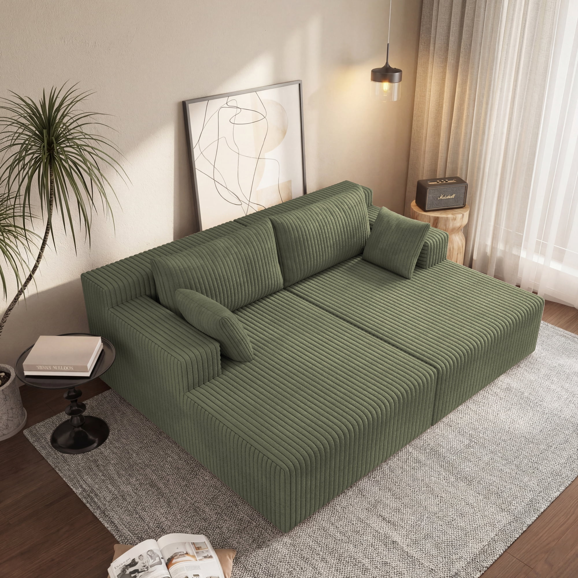 HOQBN 71" Oversized Double Chaise Lounges Indoor,Upholstered Corduroy Boneless Couch with 4 Pillows,Reading Lazy Cloud Plush Sofa Bed for Living Room, Bedroom,No Assembly,Antique Green