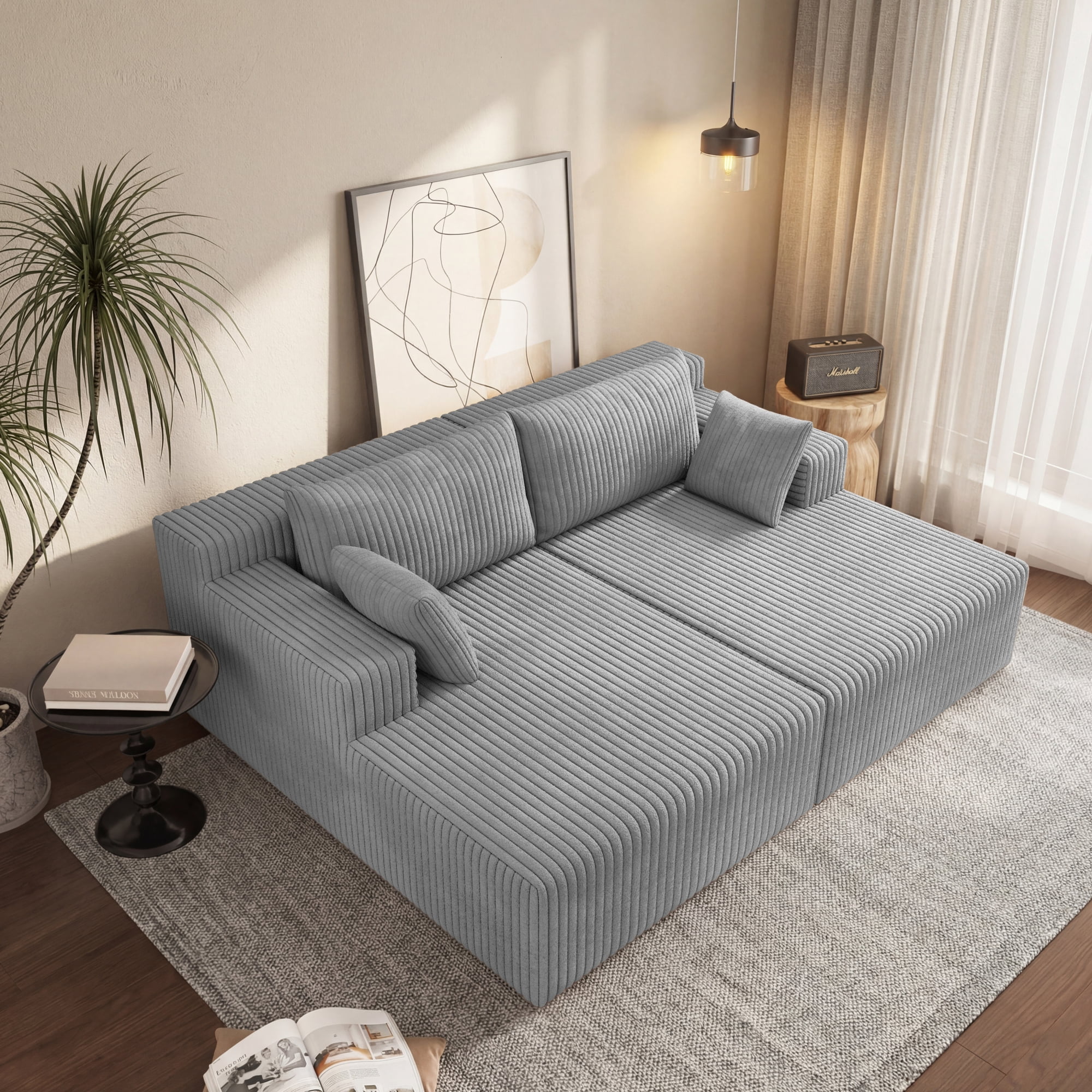 HOQBN 71" Oversized Double Chaise Lounges Indoor,Upholstered Corduroy Boneless Couch with 4 Pillows,Reading Lazy Cloud Plush Sofa Bed for Living Room, Bedroom,No Assembly,Antique Gray
