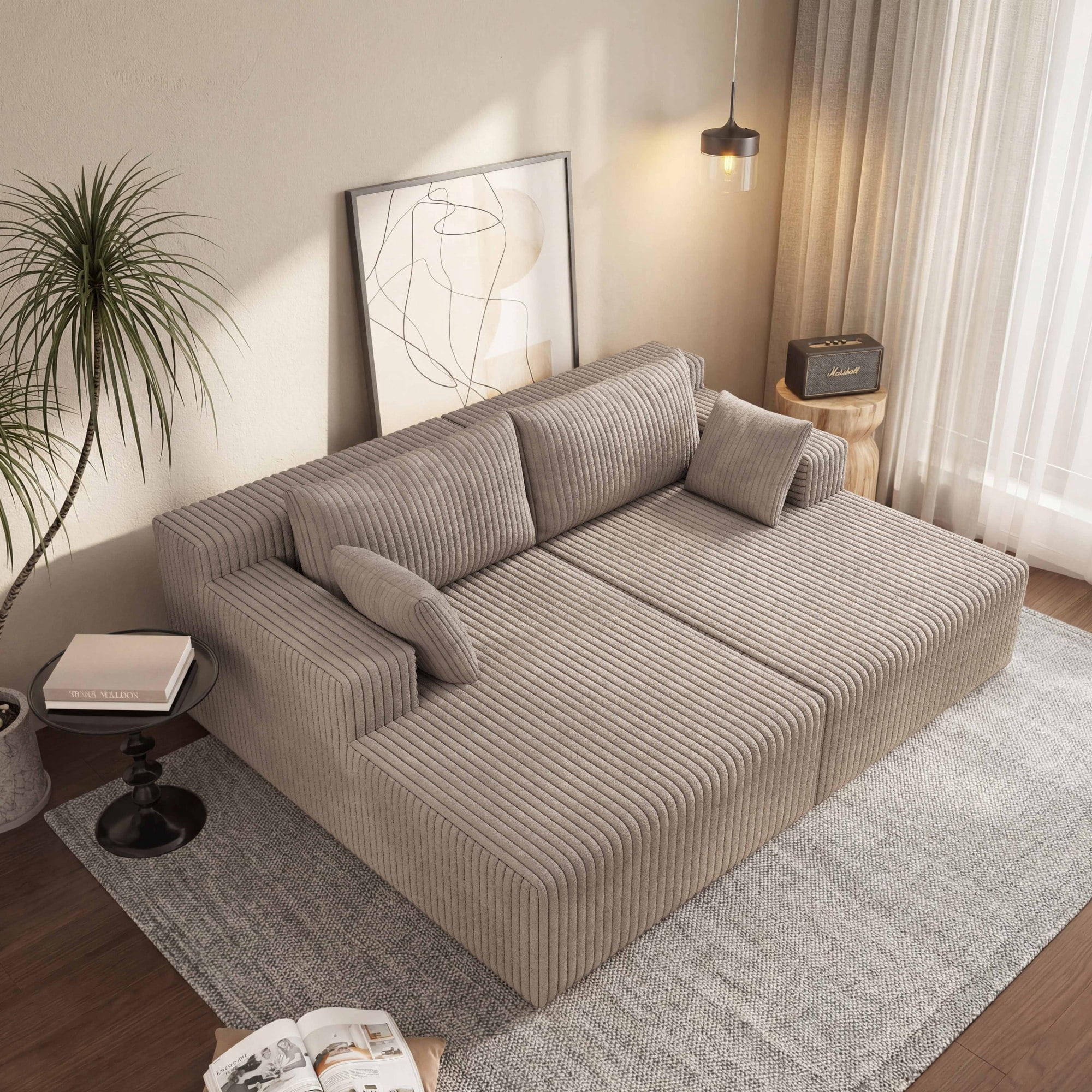 HOQBN 71" Oversized Double Chaise Lounges Indoor,Upholstered Corduroy Boneless Couch with 4 Pillows,Reading Lazy Cloud Plush Sofa Bed for Living Room, Bedroom,No Assembly,Camel