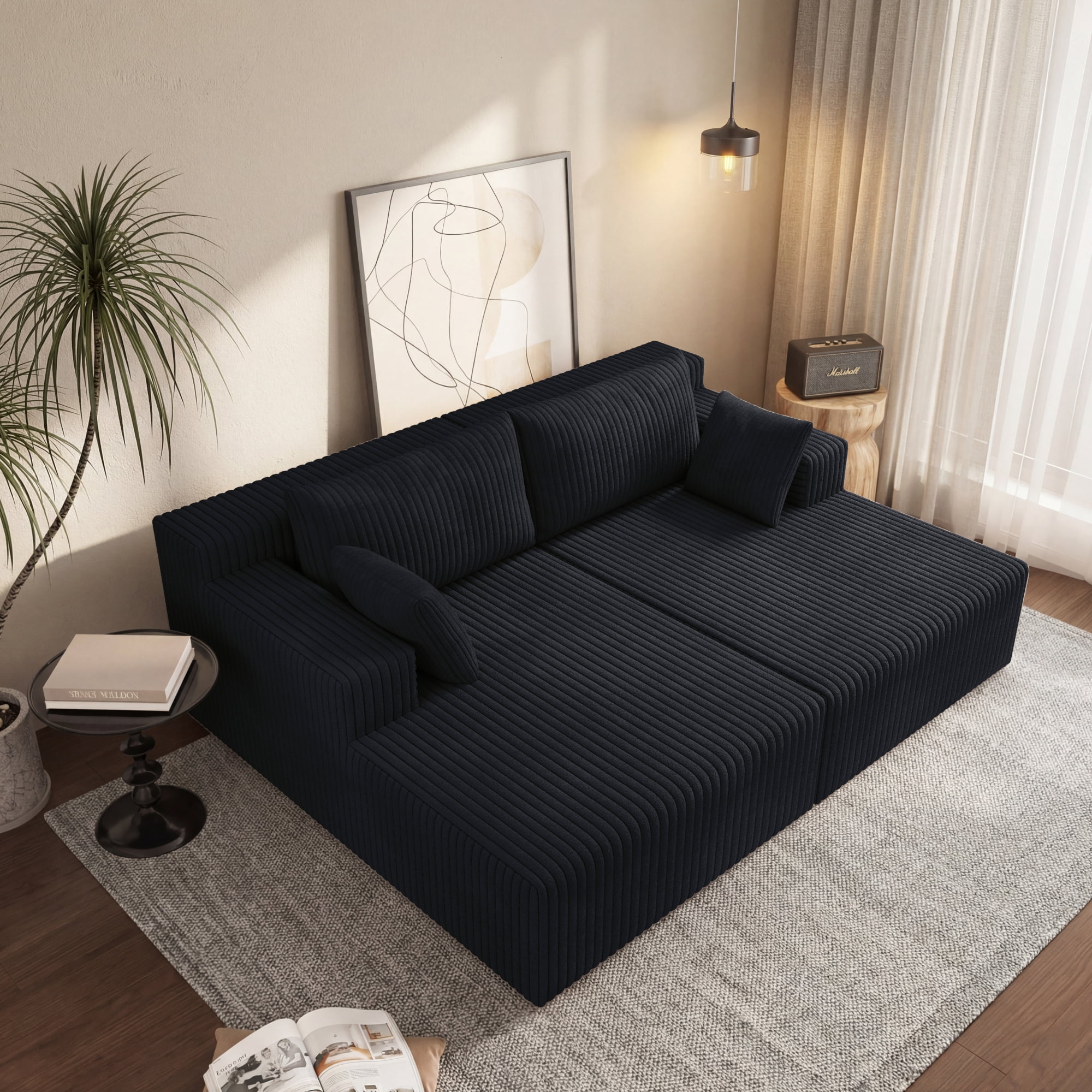 HOQBN 71" Oversized Double Chaise Lounges Indoor,Upholstered Corduroy Boneless Couch with 4 Pillows,Reading Lazy Cloud Plush Sofa Bed for Living Room, Bedroom,No Assembly,Antique Black